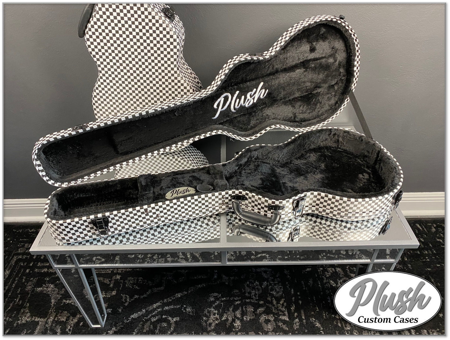 Plush-Paul LP Custom Guitar Case Black & White Checkerboard with Black Fur