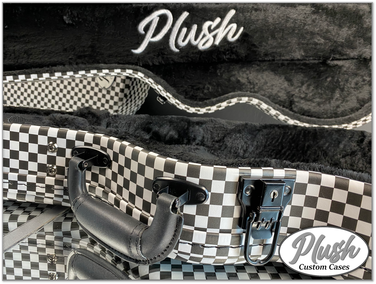 Plush-Paul LP Custom Guitar Case Black & White Checkerboard with Black Fur