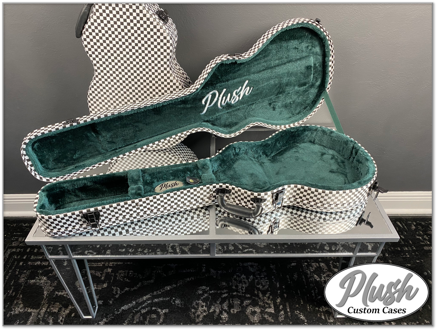 Plush-Paul LP Custom Guitar Case Black & White Checkerboard with Green Fur