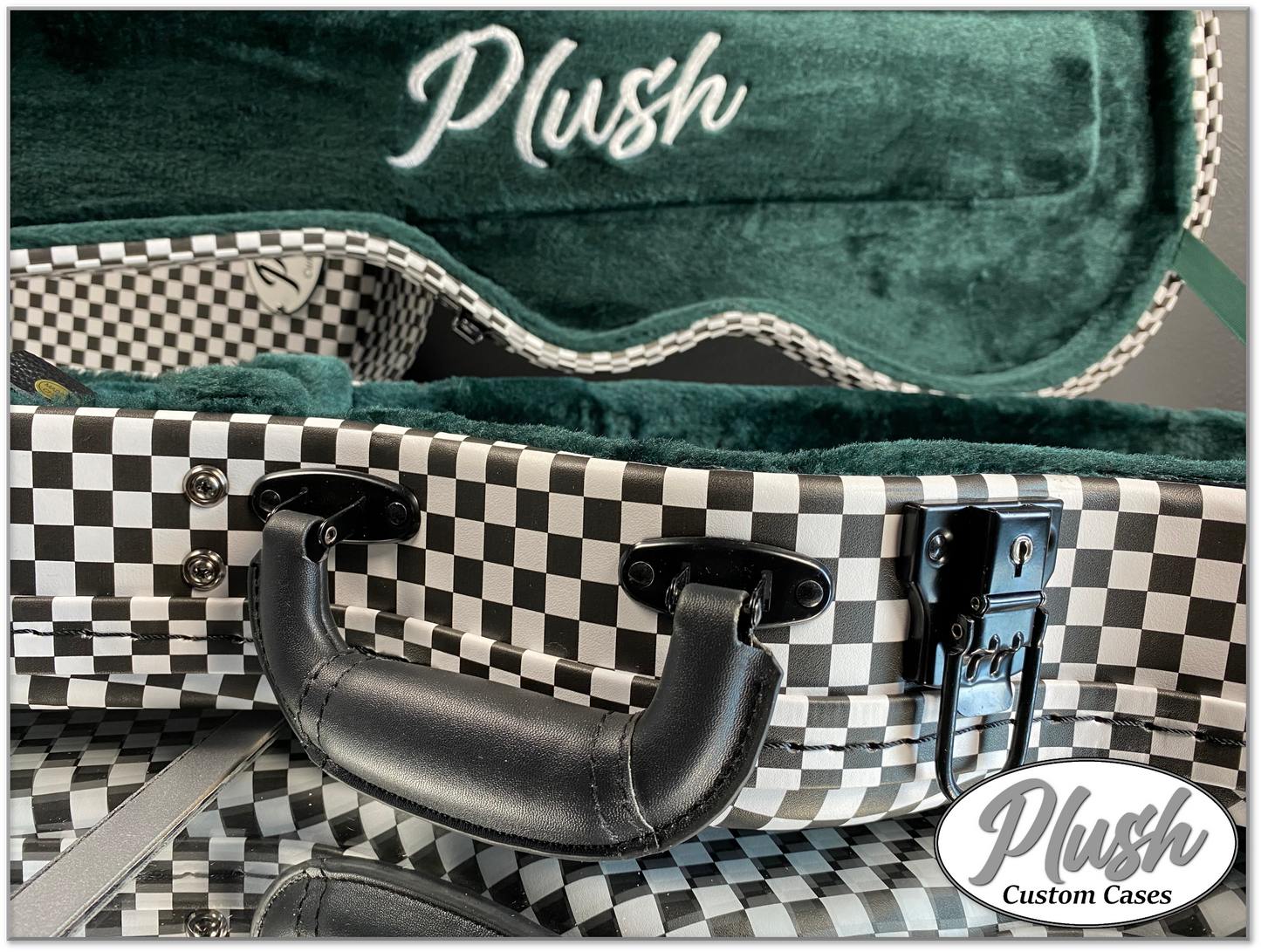 Plush-Paul LP Custom Guitar Case Black & White Checkerboard with Green Fur