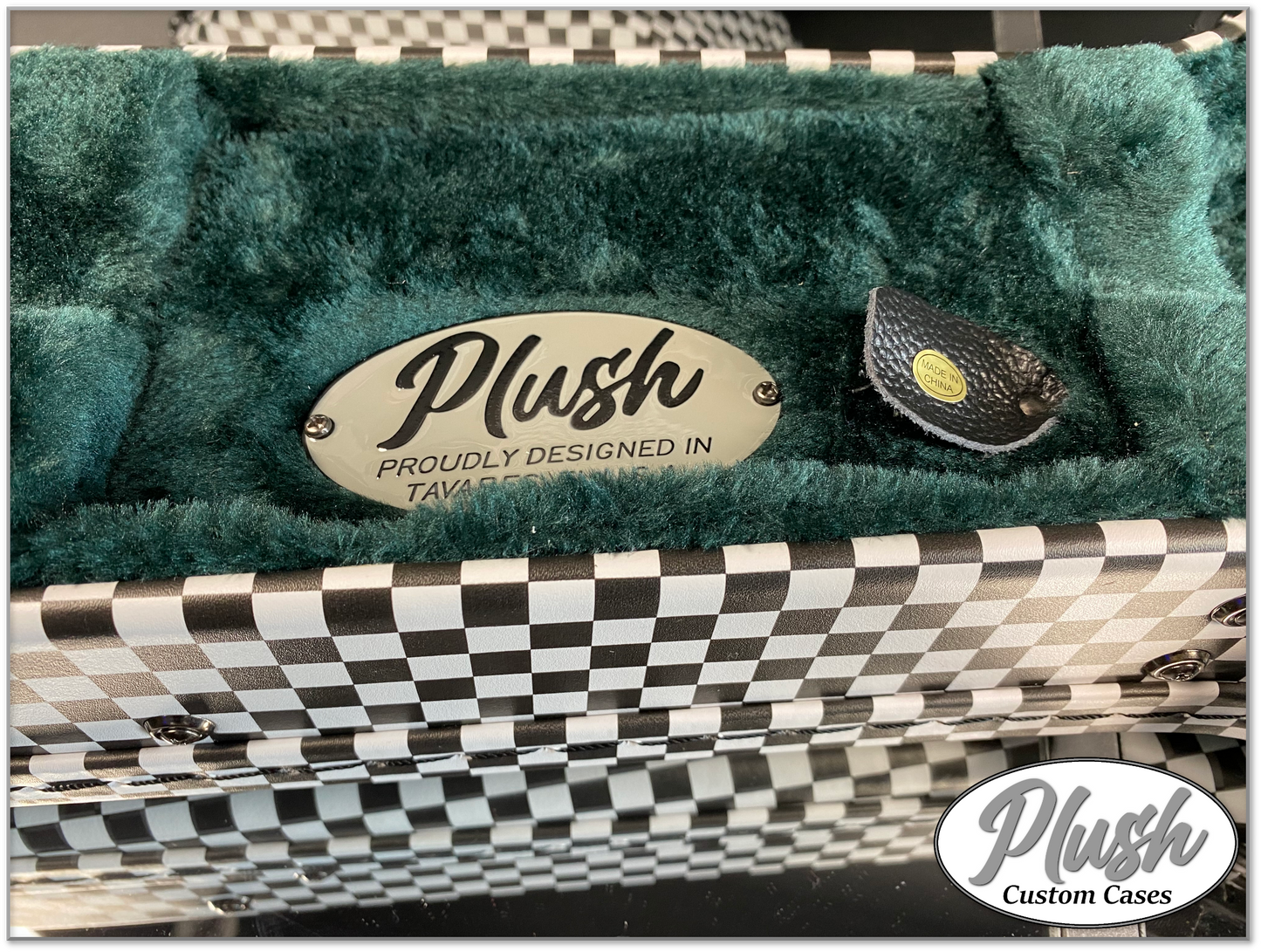 Plush-Paul LP Custom Guitar Case Black & White Checkerboard with Green Fur