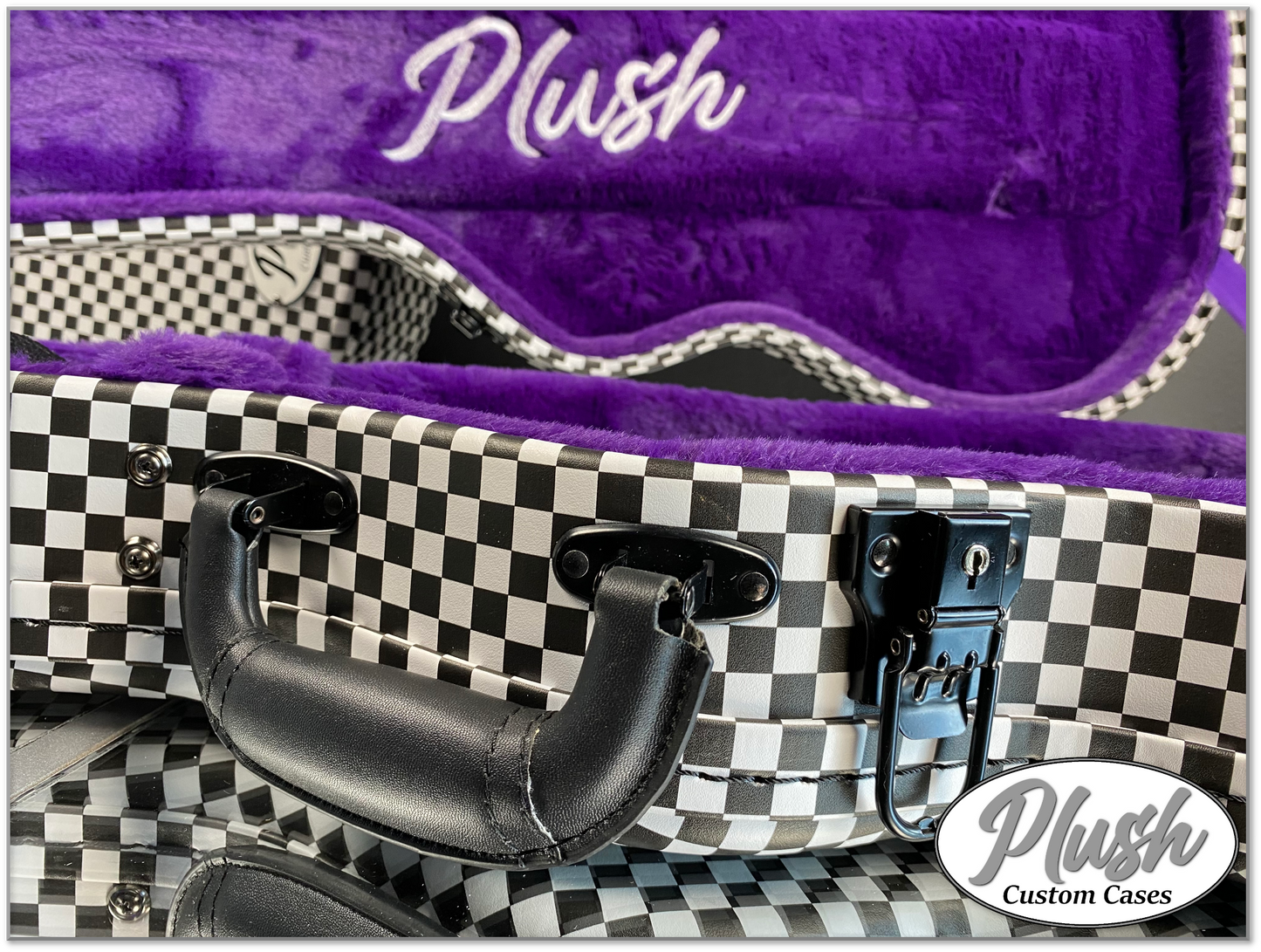 Plush-Paul LP Custom Guitar Case Black & White Checkerboard with Purple Fur