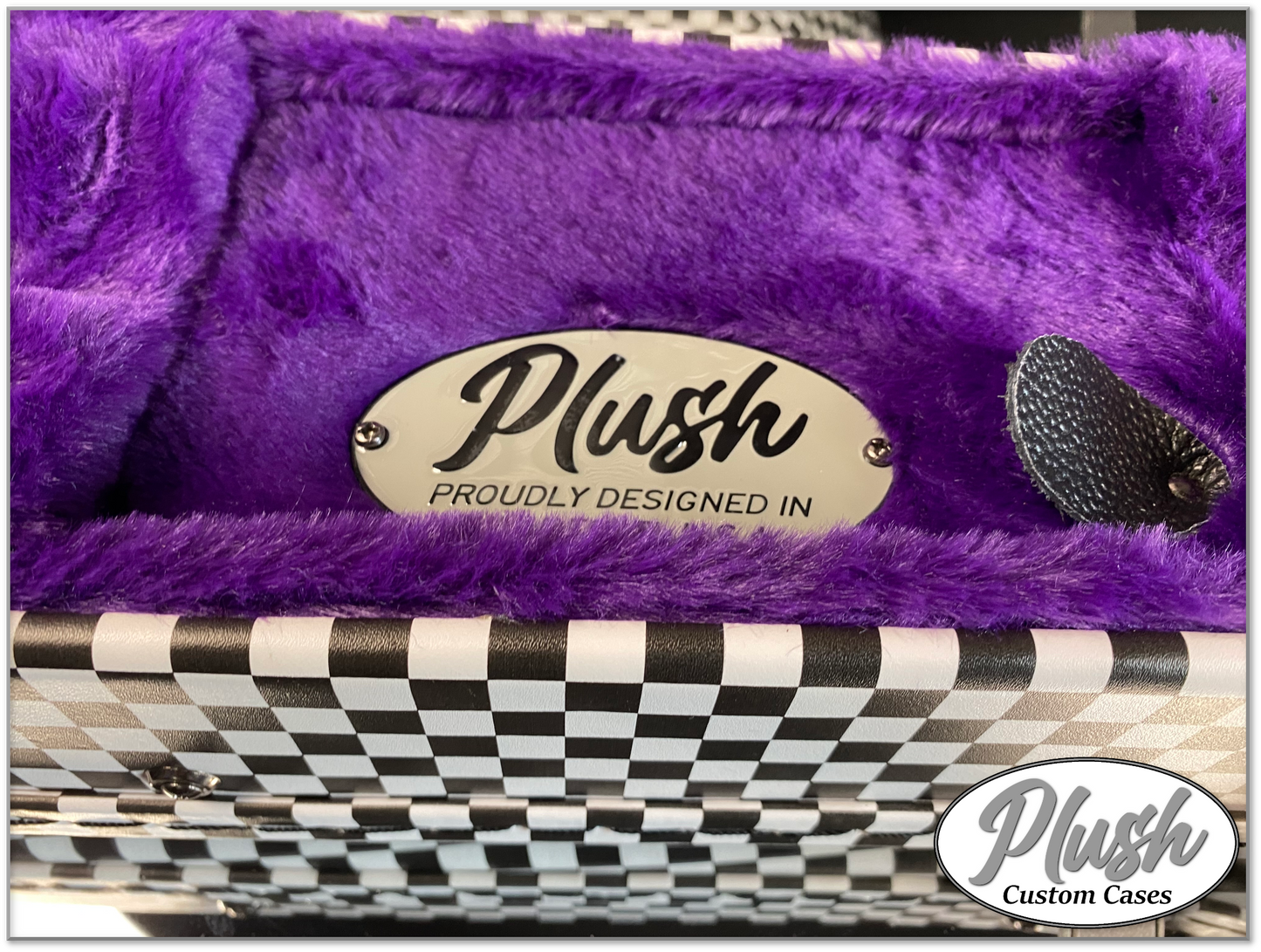 Plush-Paul LP Custom Guitar Case Black & White Checkerboard with Purple Fur