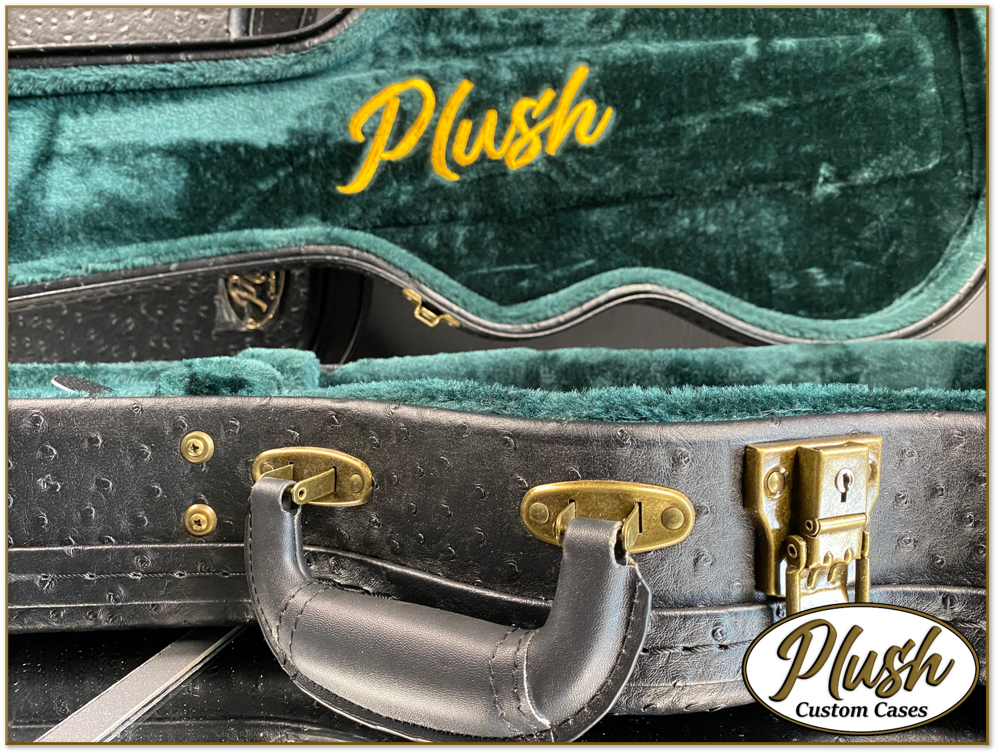 Plush-Paul LP Custom Guitar Case Black Ostrich with Green Fur