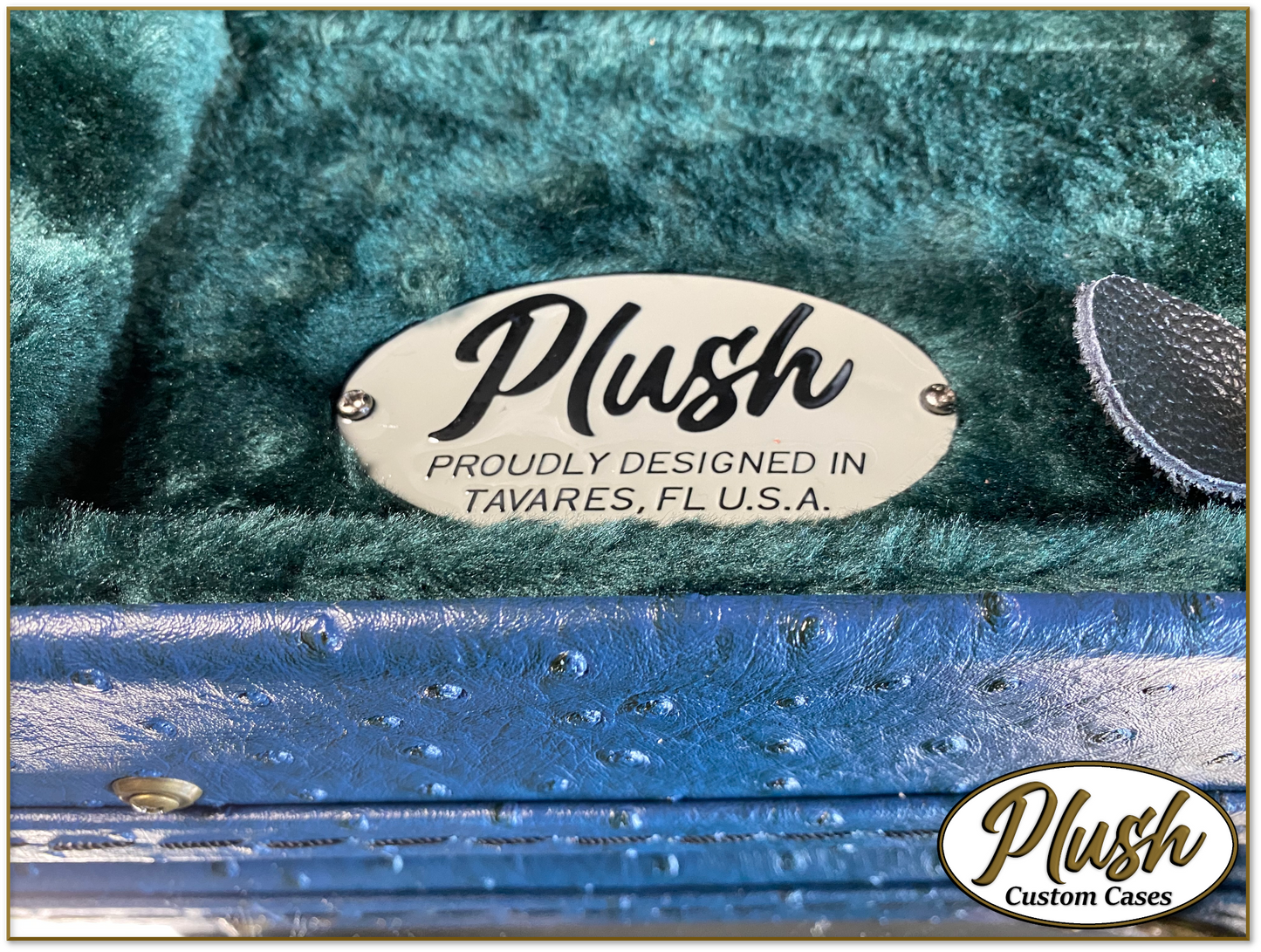 Plush-Paul LP Custom Guitar Case Blue Ostrich with Green Fur