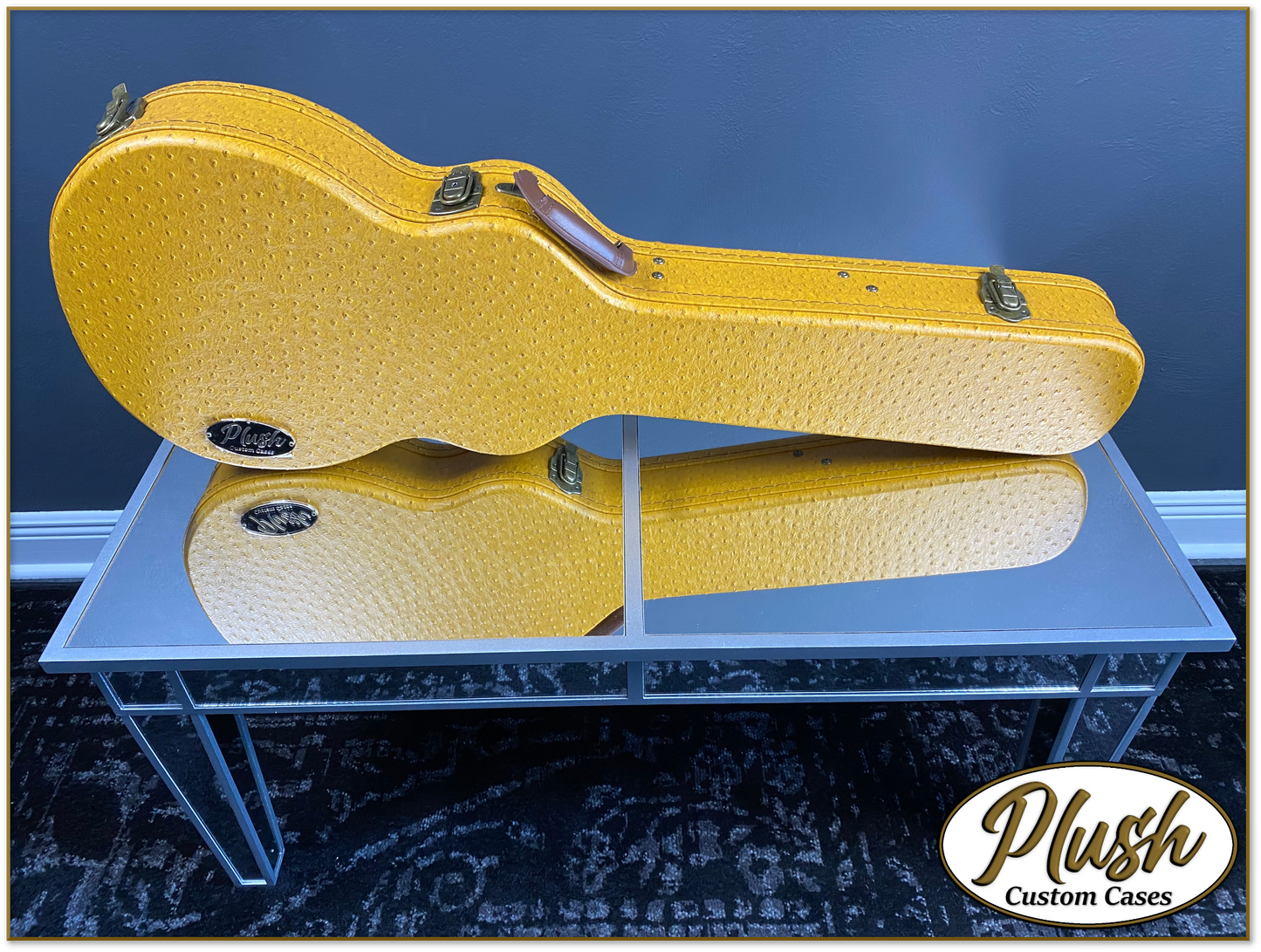Plush-Paul LP Custom Guitar Case Brown Mustard Ostrich with Cream Fur
