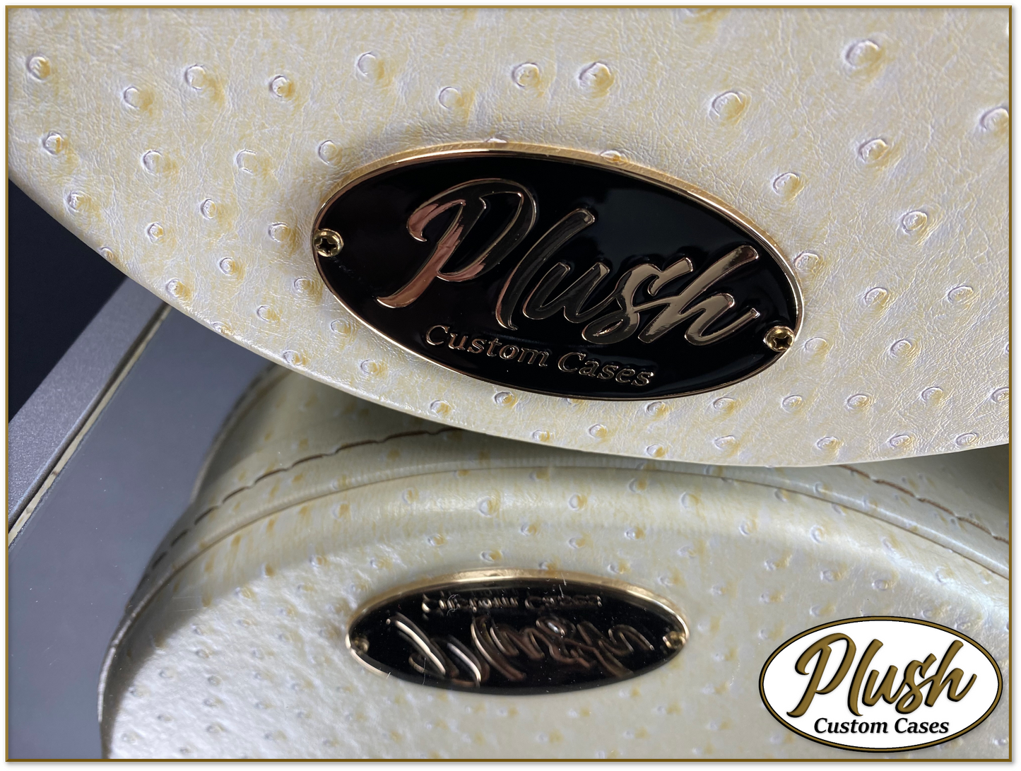 Plush-Paul LP Custom Guitar Case Cream Ostrich with Green Fur