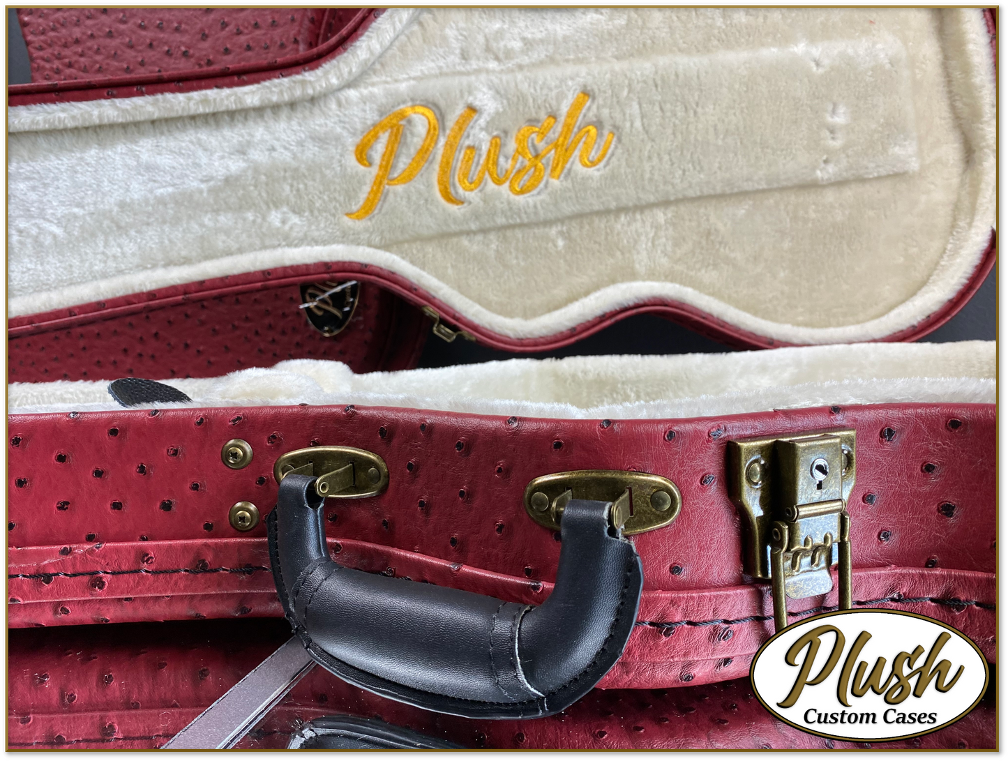 Plush-Paul LP Custom Guitar Case Burgundy-Red Ostrich with Cream Fur