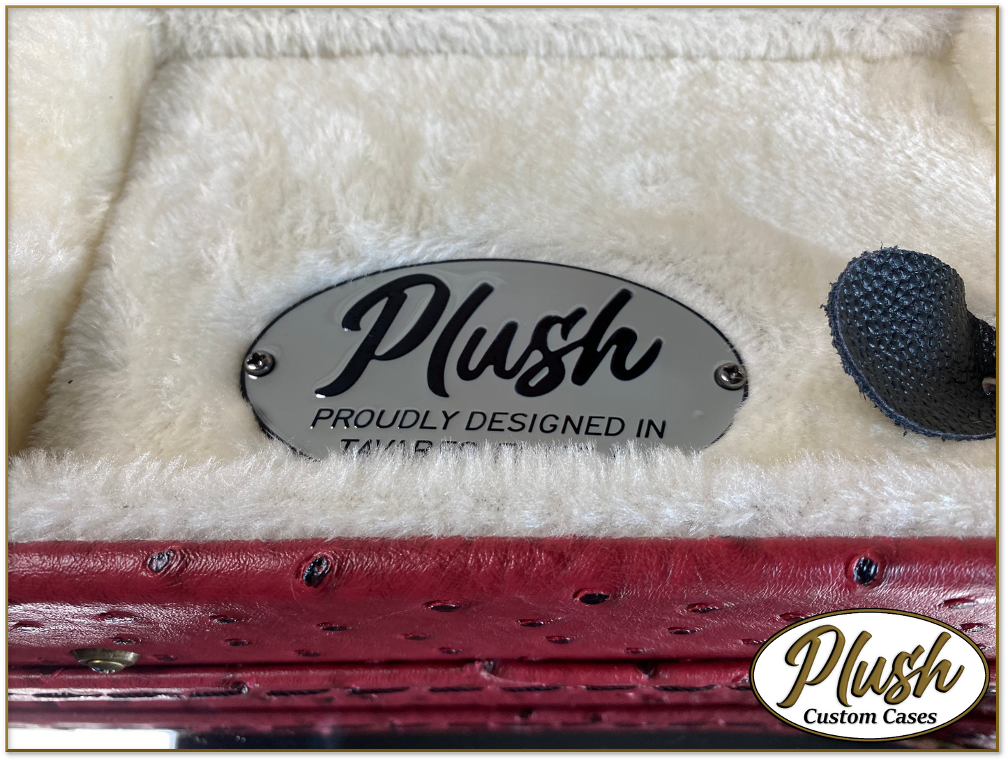Plush-Paul LP Custom Guitar Case Burgundy-Red Ostrich with Cream Fur