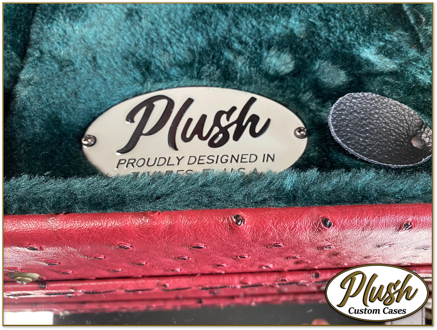 Plush-Paul LP Custom Guitar Case Burgundy Red Ostrich with Green Fur