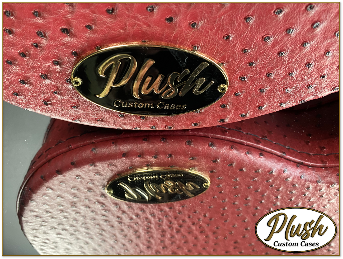 Plush-Paul LP Custom Guitar Case Burgundy-Red Ostrich with Cream Fur