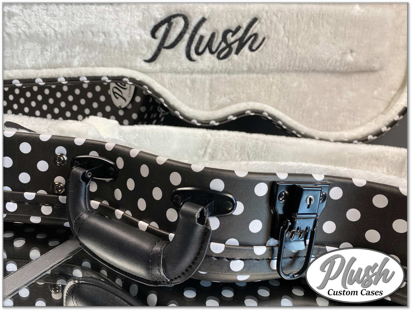 Plush-Paul LP Custom Guitar Case Black & White Polka Dots with White Fur