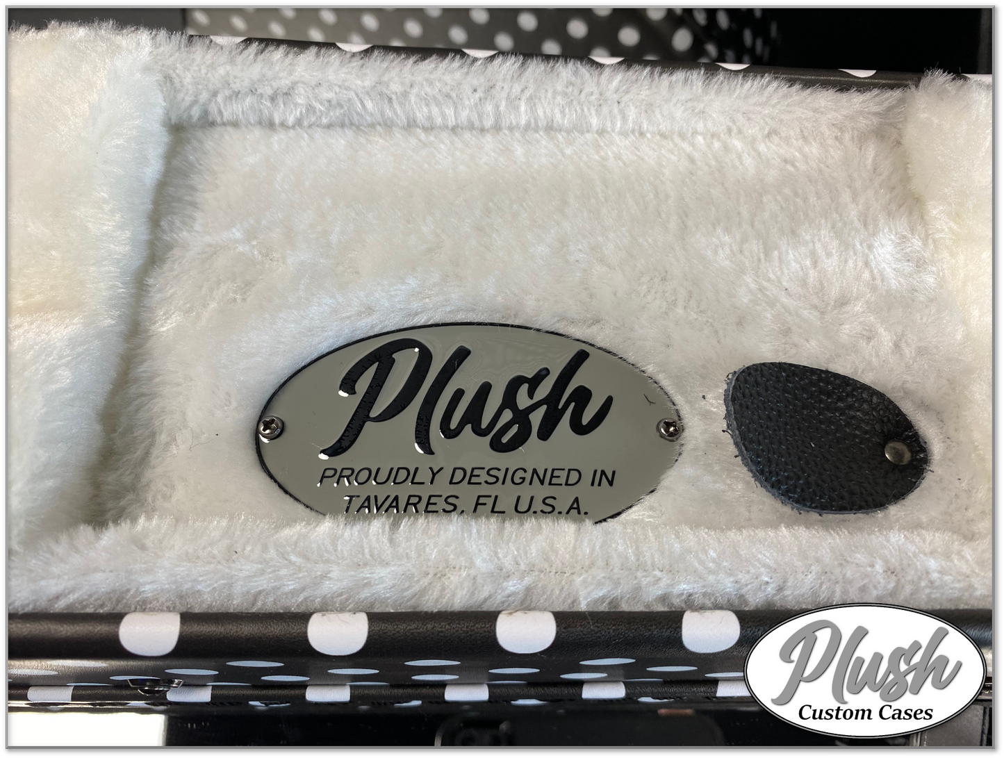 Plush-Paul LP Custom Guitar Case Black & White Polka Dots with White Fur