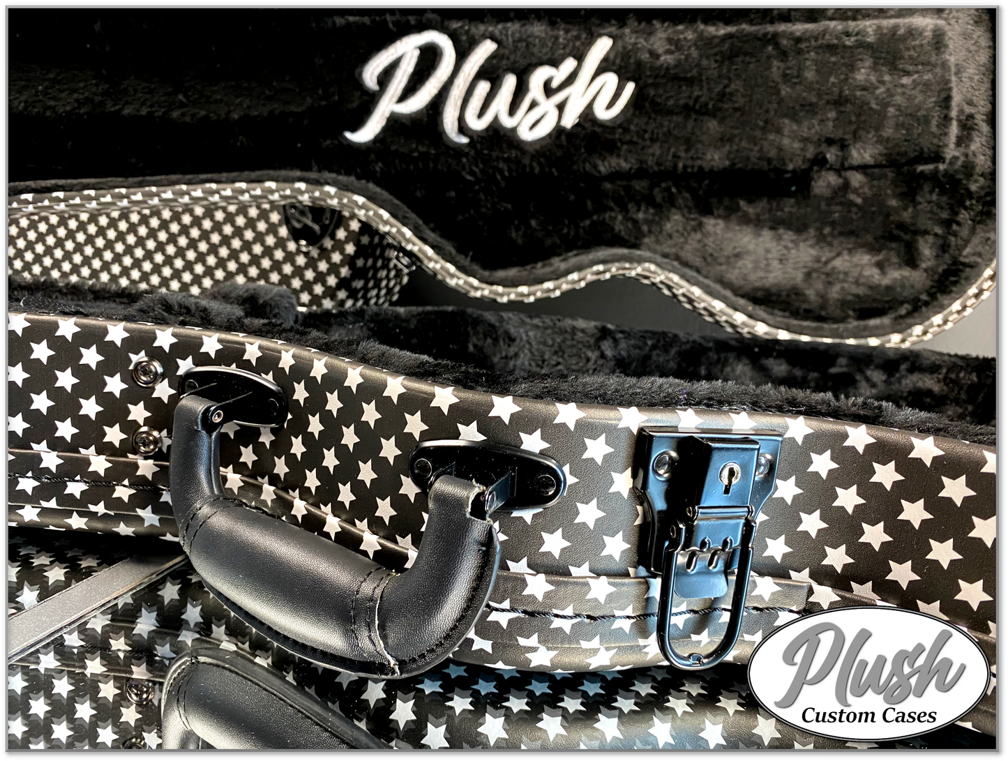 Plush-Paul LP Custom Guitar Case Black and White Stars with Black Fur