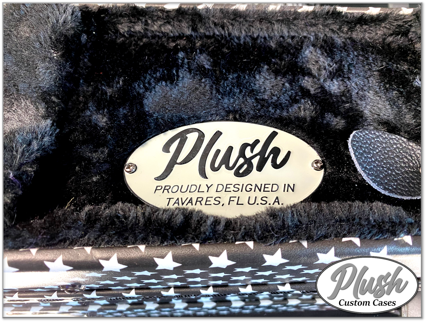 Plush-Paul LP Custom Guitar Case Black and White Stars with Black Fur