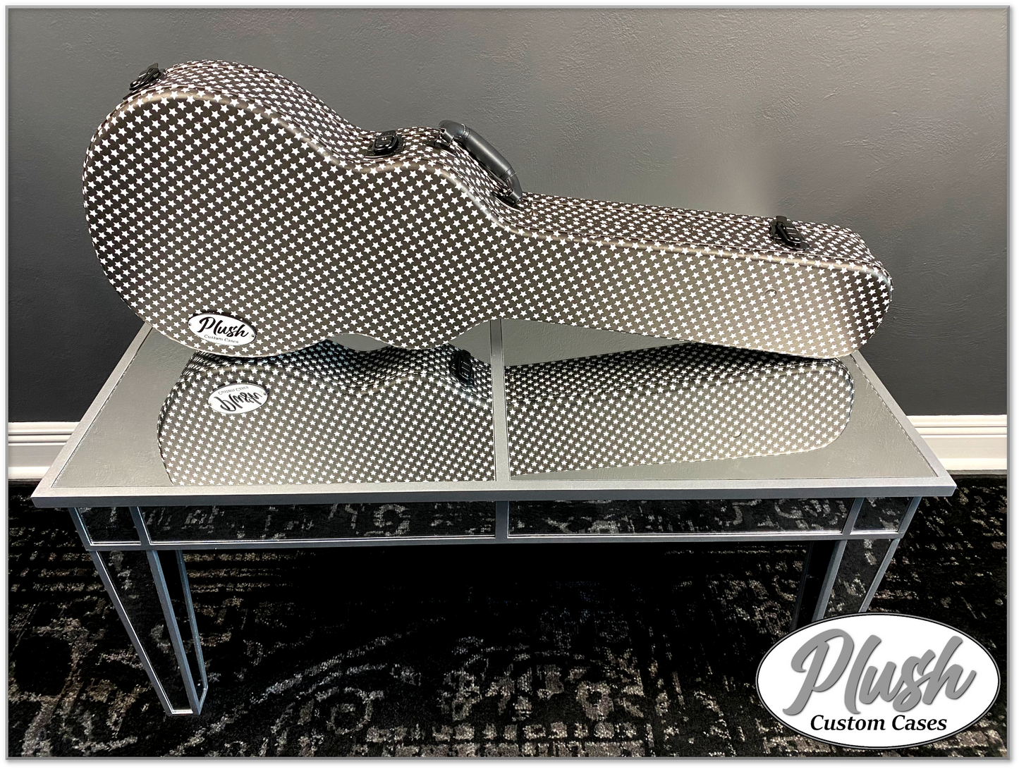 Plush-Paul LP Custom Guitar Case Black and White Stars with Black Fur