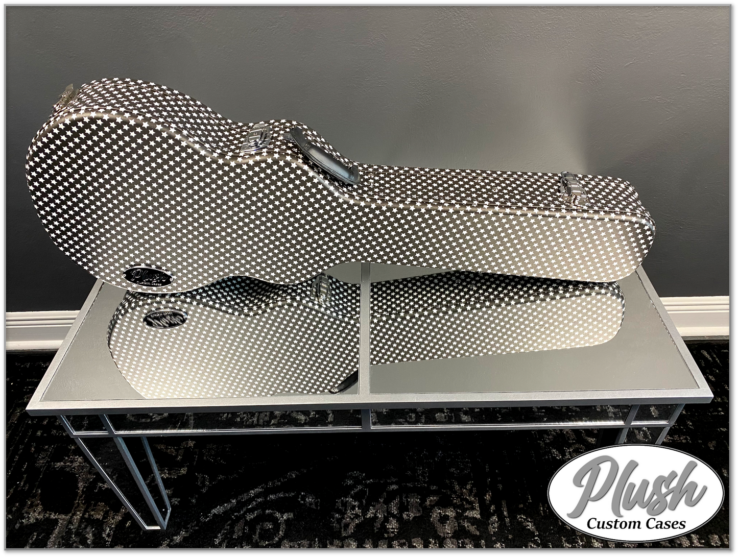 Plush-Paul LP Custom Guitar Case Black and White Stars with White Fur