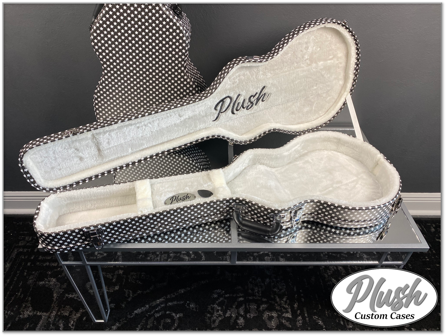 Plush-Paul LP Custom Guitar Case Black and White Stars with White Fur