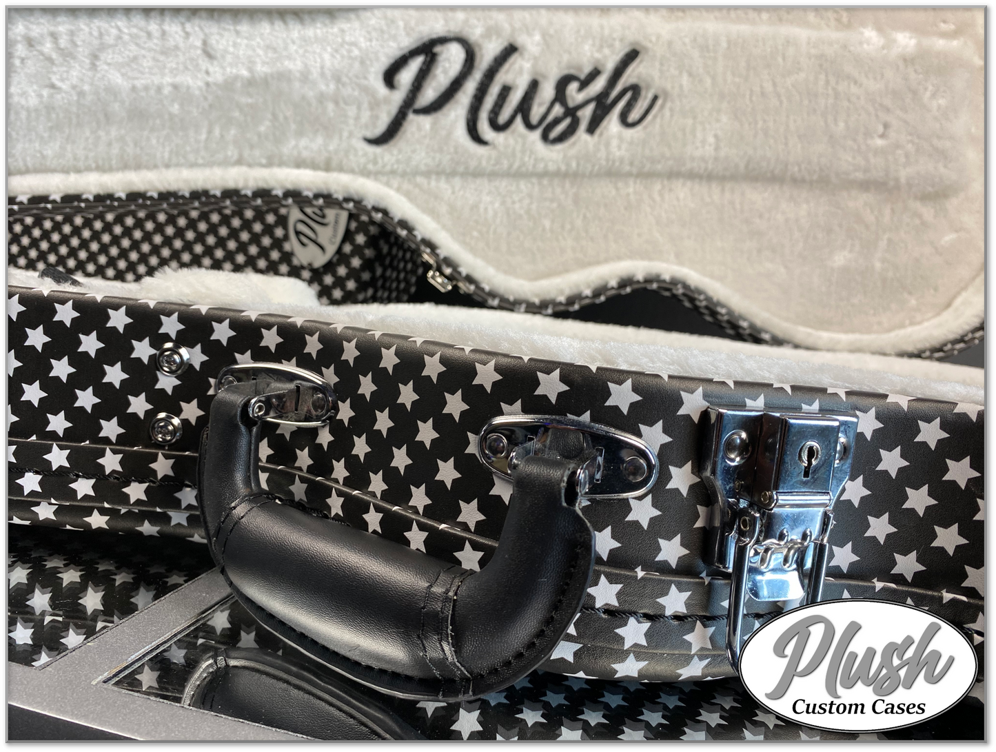 Plush-Paul LP Custom Guitar Case Black and White Stars with White Fur