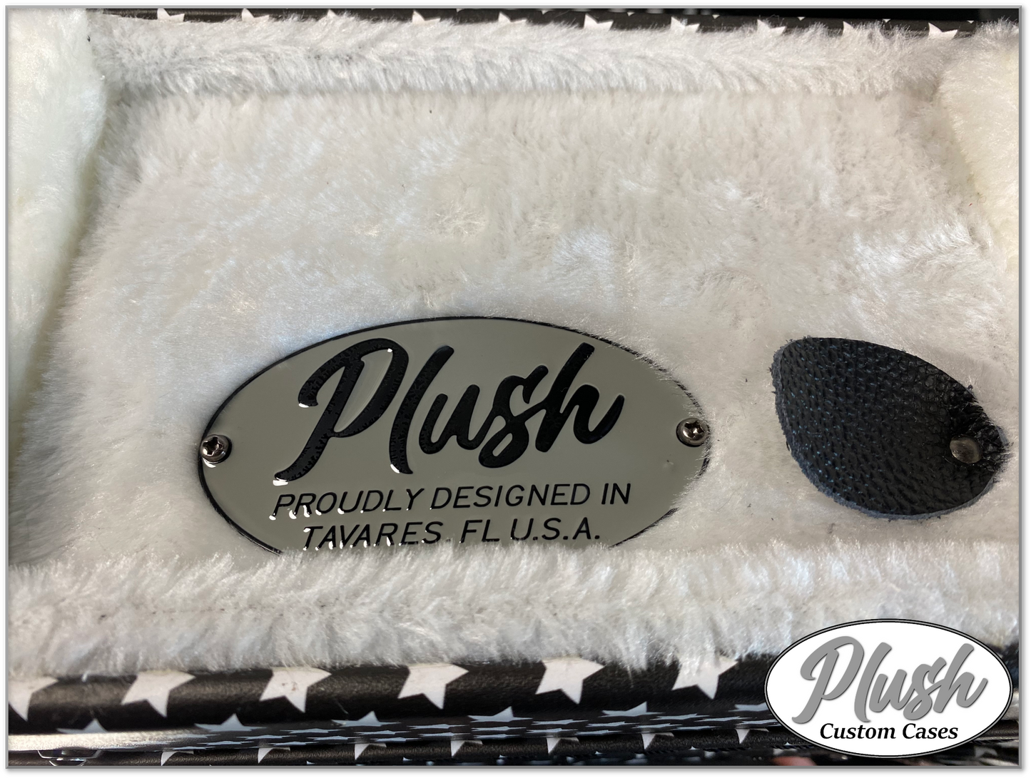 Plush-Paul LP Custom Guitar Case Black and White Stars with White Fur