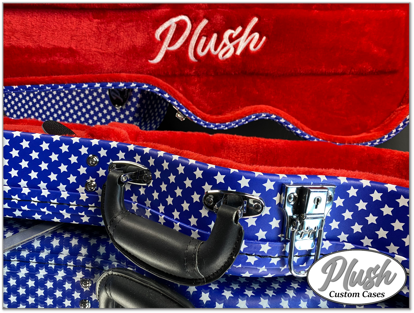 Plush-Paul LP Custom Guitar Case Blue and White Stars with Red Fur