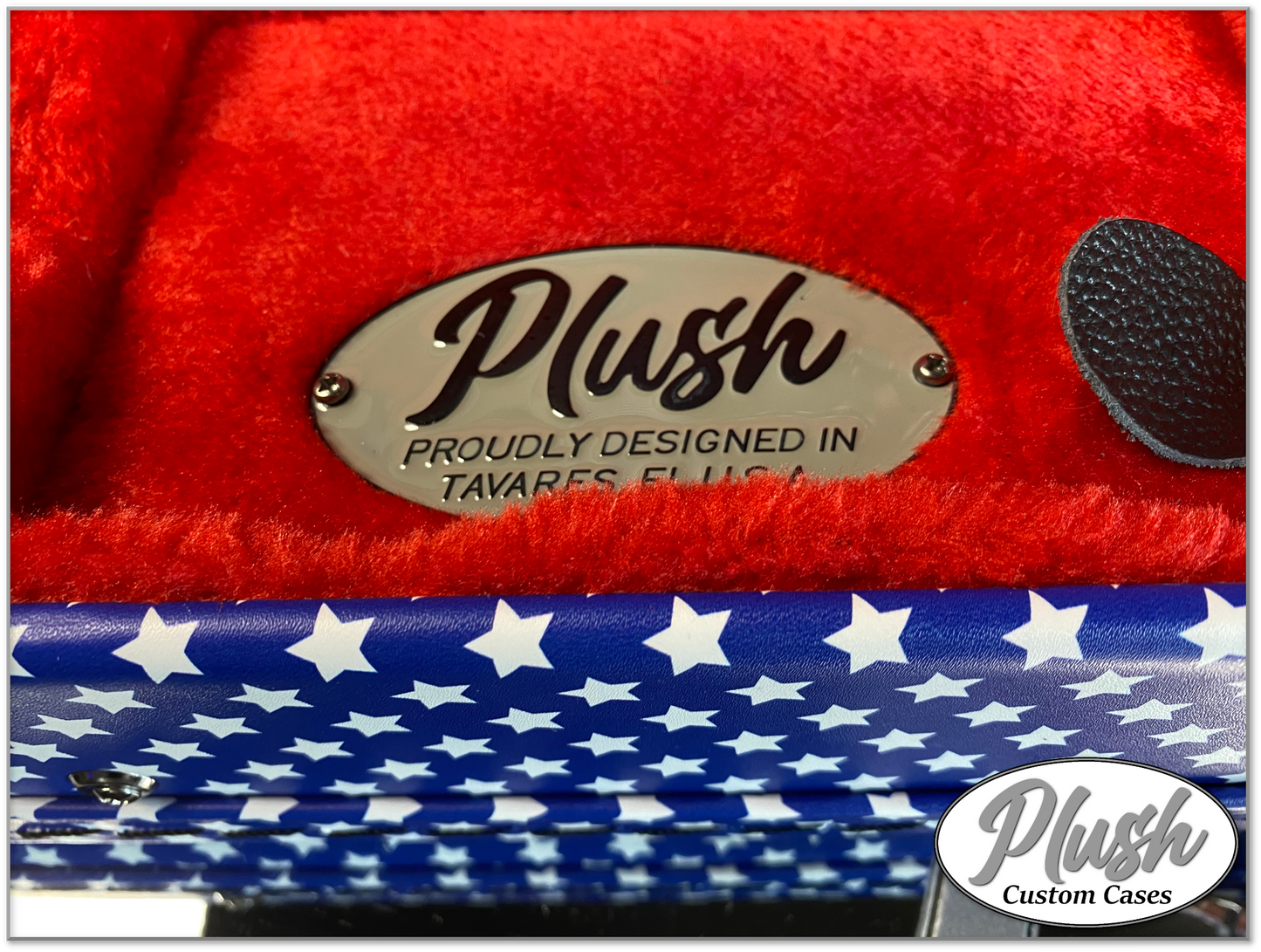 Plush-Paul LP Custom Guitar Case Blue and White Stars with Red Fur