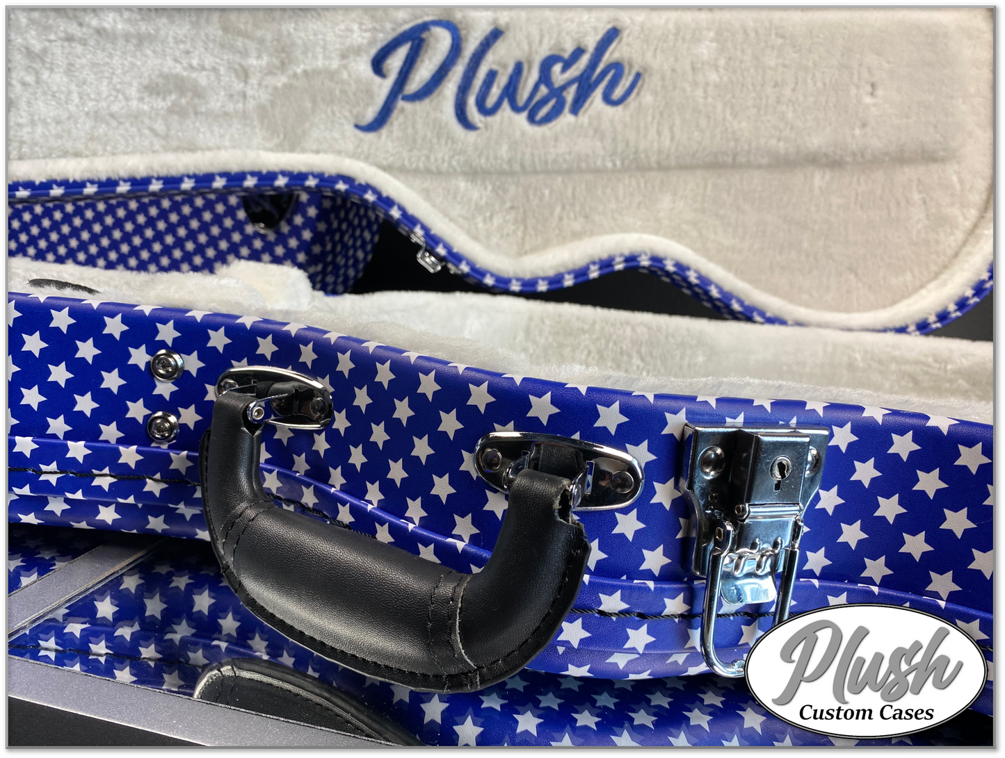 Plush-Paul LP Custom Guitar Case Blue and White Stars with White Fur