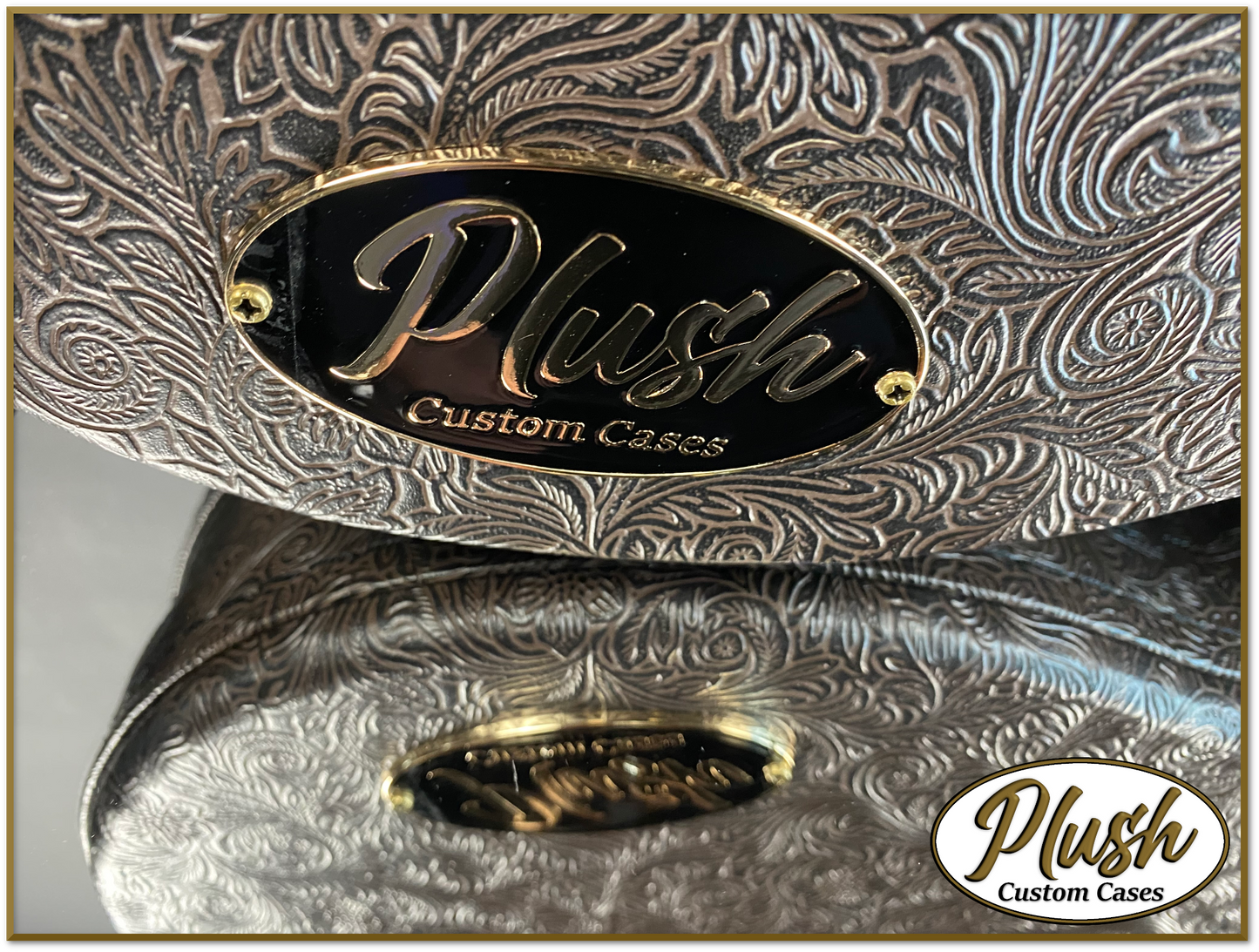 Plush-Paul LP Custom Guitar Case Tooled Leather pattern 2 with Cream Fur