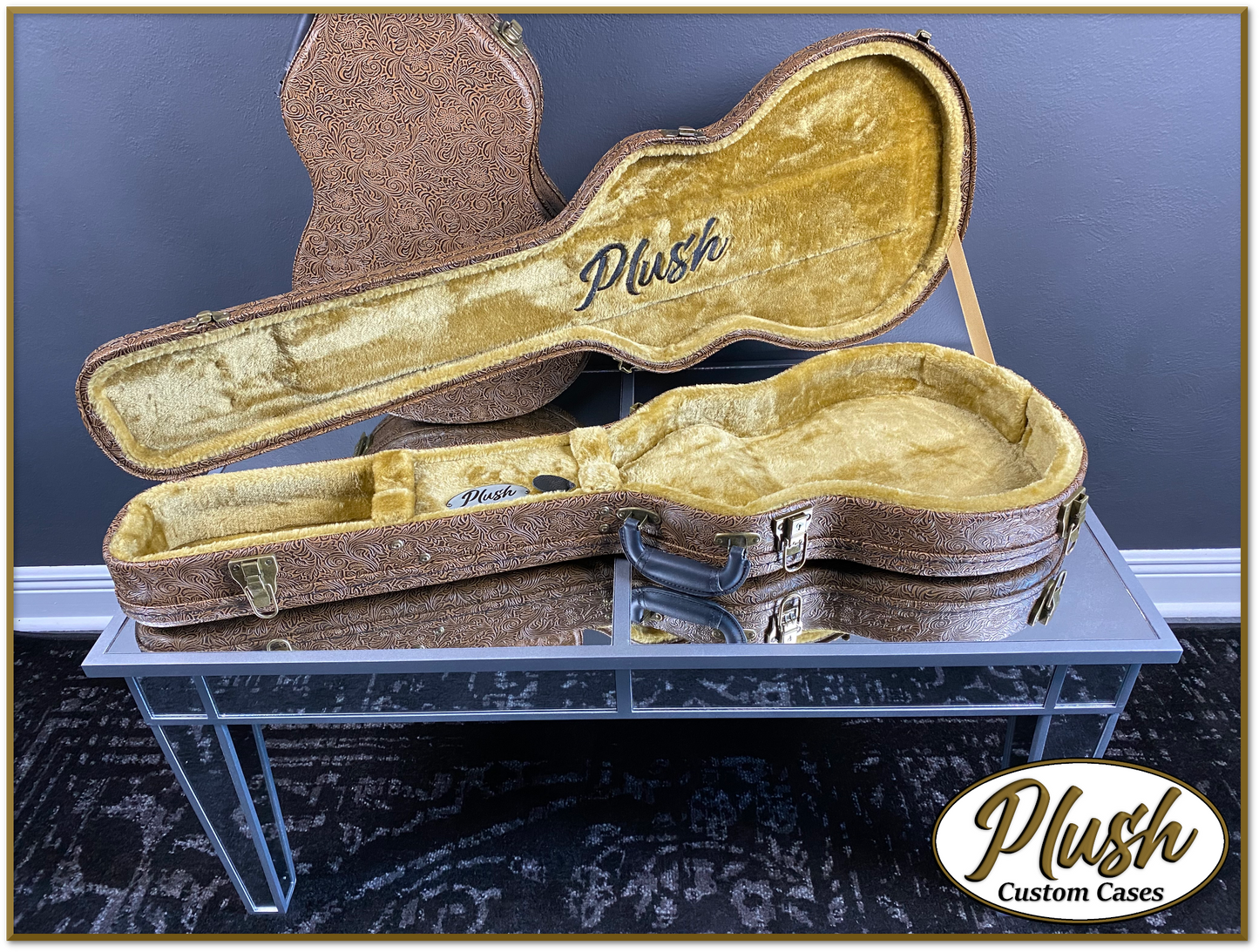 Plush-Paul LP Custom Guitar Case Tooled Leather pattern 3 with Bronze Fur