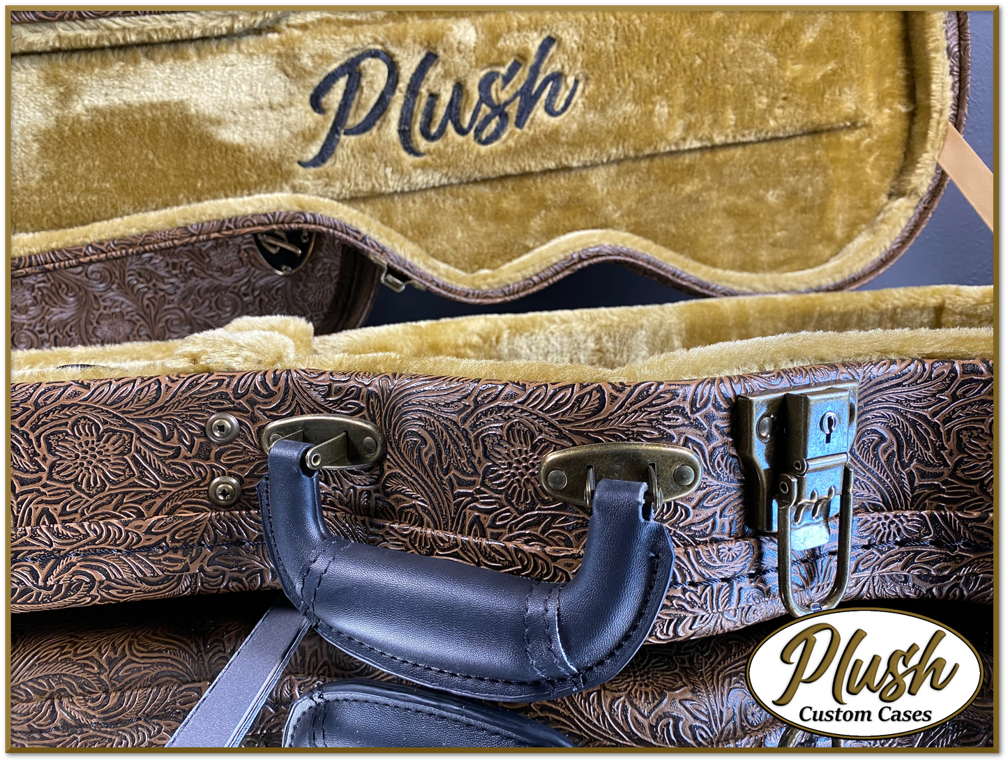 Plush-Paul LP Custom Guitar Case Tooled Leather pattern 3 with Bronze Fur
