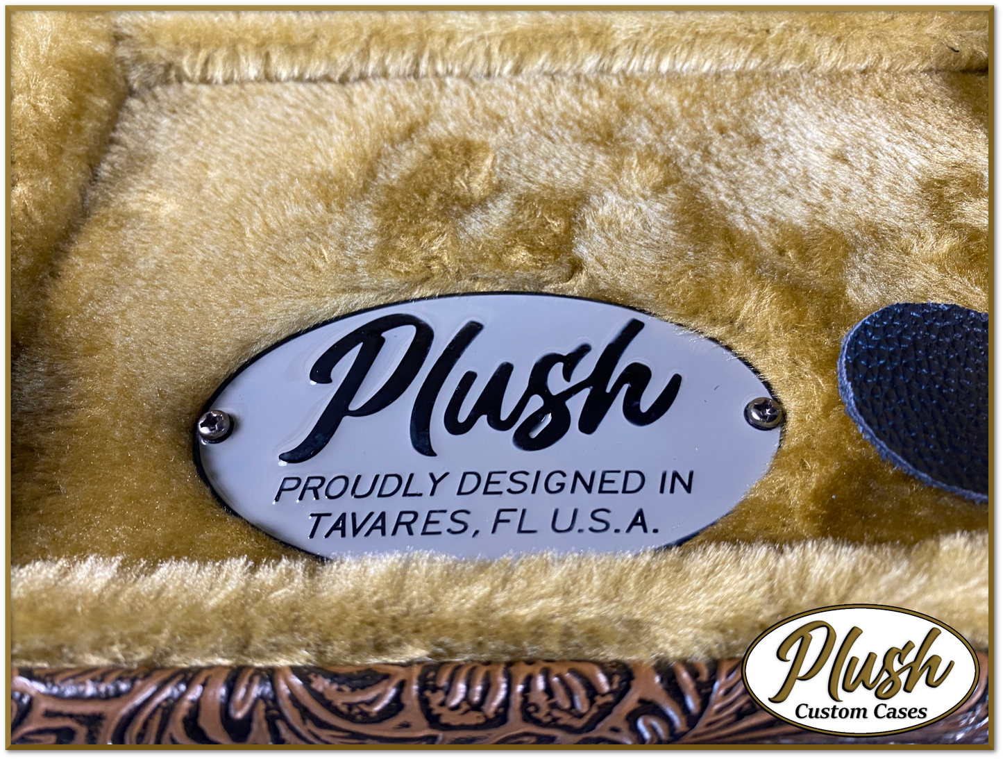 Plush-Paul LP Custom Guitar Case Tooled Leather pattern 3 with Bronze Fur