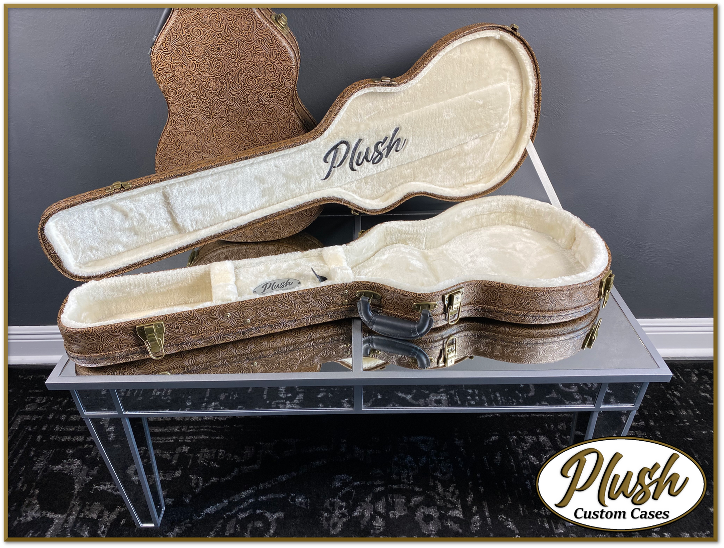 Plush-Paul LP Custom Guitar Case Tooled Leather pattern 3 with Cream Fur
