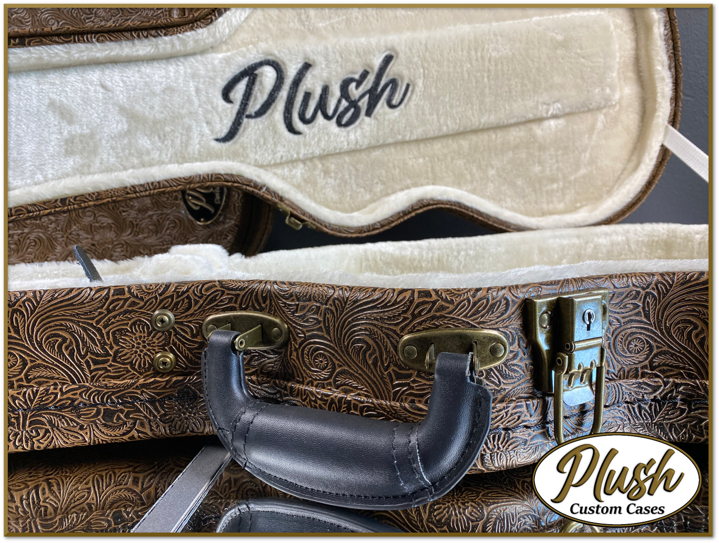 Plush-Paul LP Custom Guitar Case Tooled Leather pattern 3 with Cream Fur