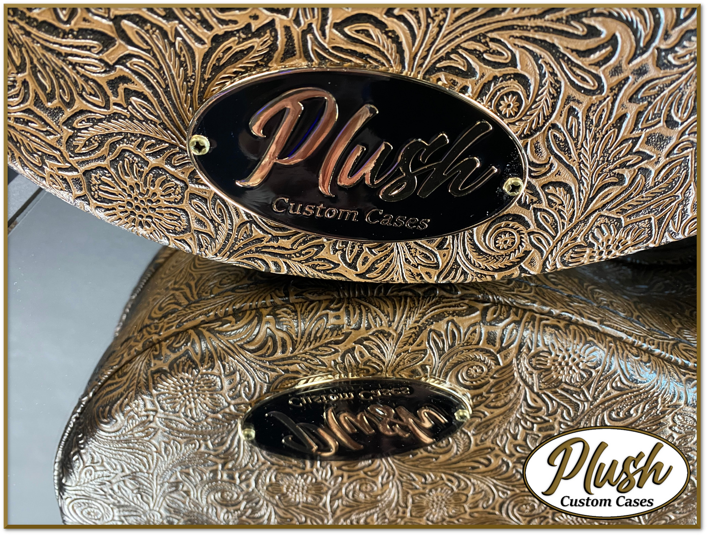 Plush-Paul LP Custom Guitar Case Tooled Leather pattern 3 with Green Fur