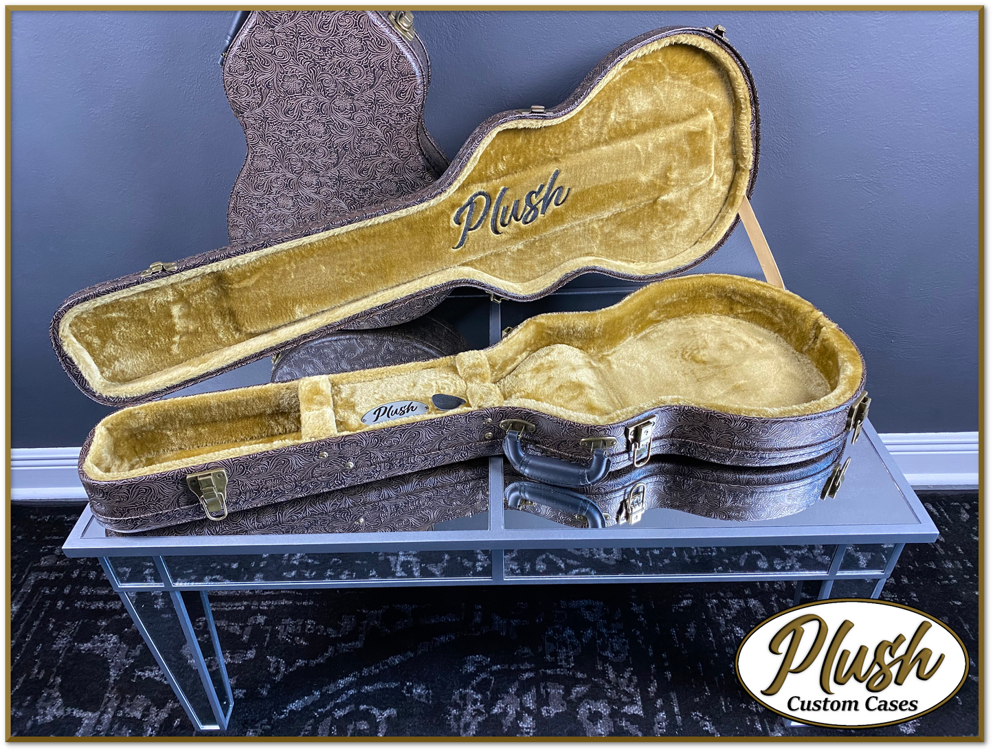 Plush-Paul LP Custom Guitar Case Tooled Leather pattern 4 with Bronze Fur