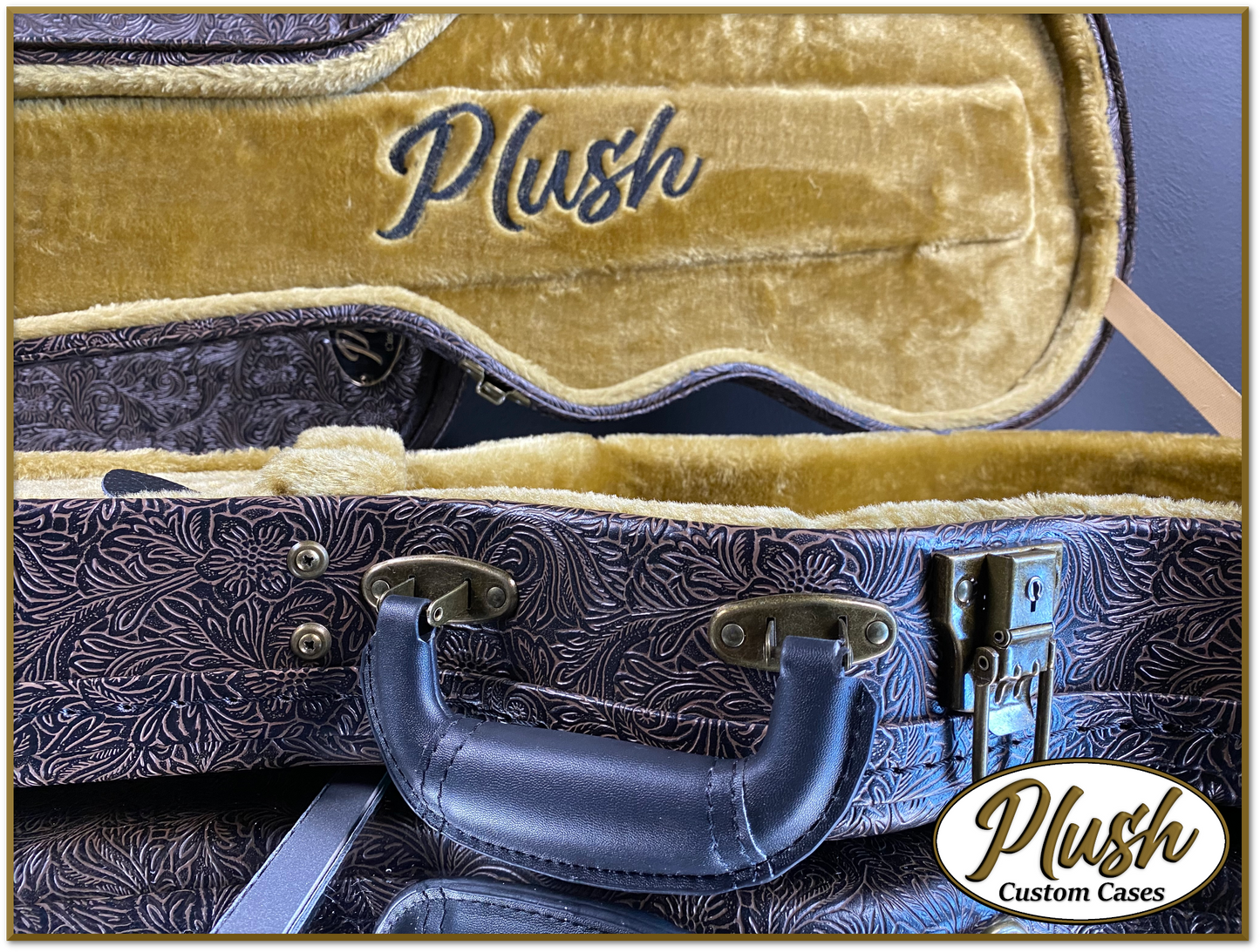 Plush-Paul LP Custom Guitar Case Tooled Leather pattern 4 with Bronze Fur