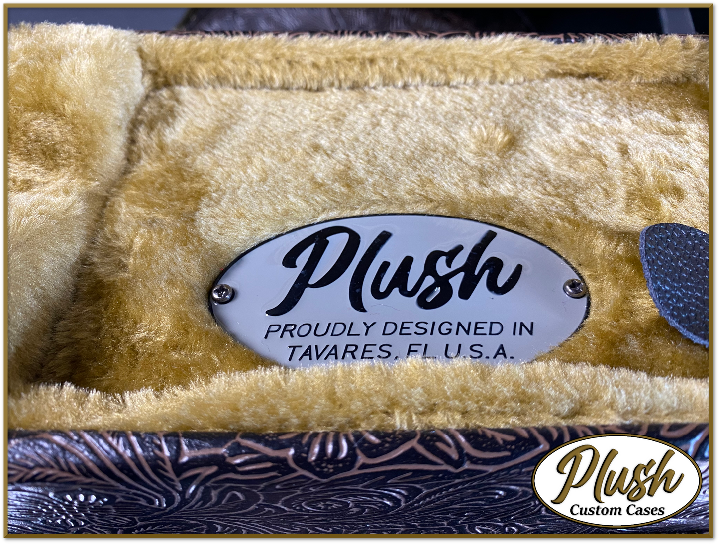 Plush-Paul LP Custom Guitar Case Tooled Leather pattern 4 with Bronze Fur