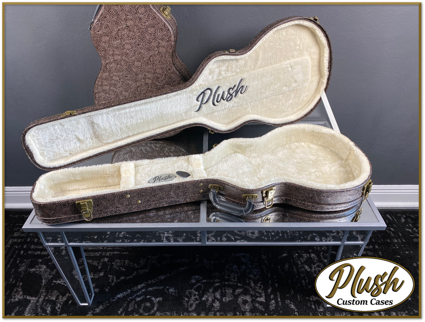 Plush-Paul LP Custom Guitar Case Tooled Leather pattern 4 with Cream Fur