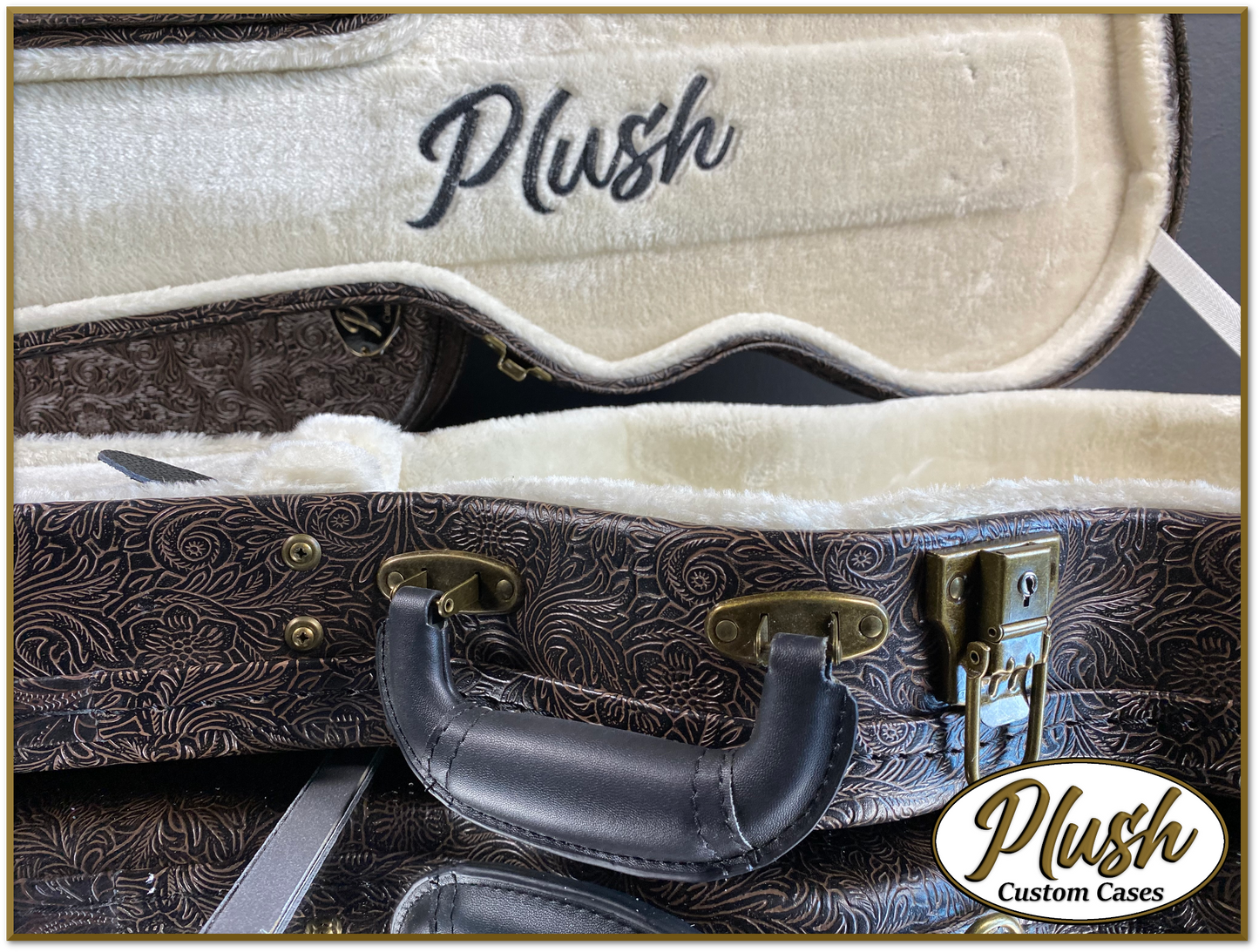 Plush-Paul LP Custom Guitar Case Tooled Leather pattern 4 with Cream Fur