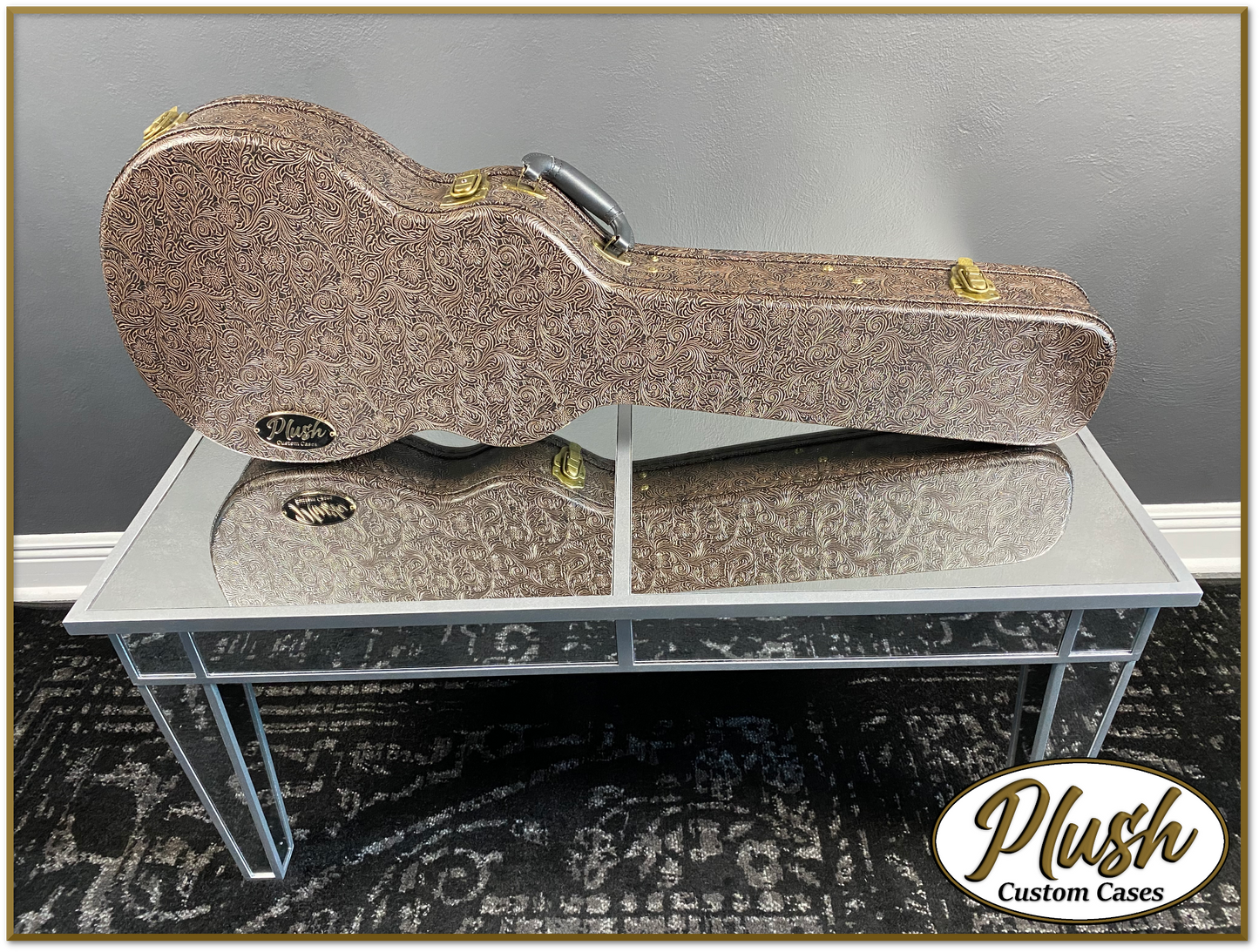 Plush-Paul LP Custom Guitar Case Tooled Leather pattern 4 with Cream Fur