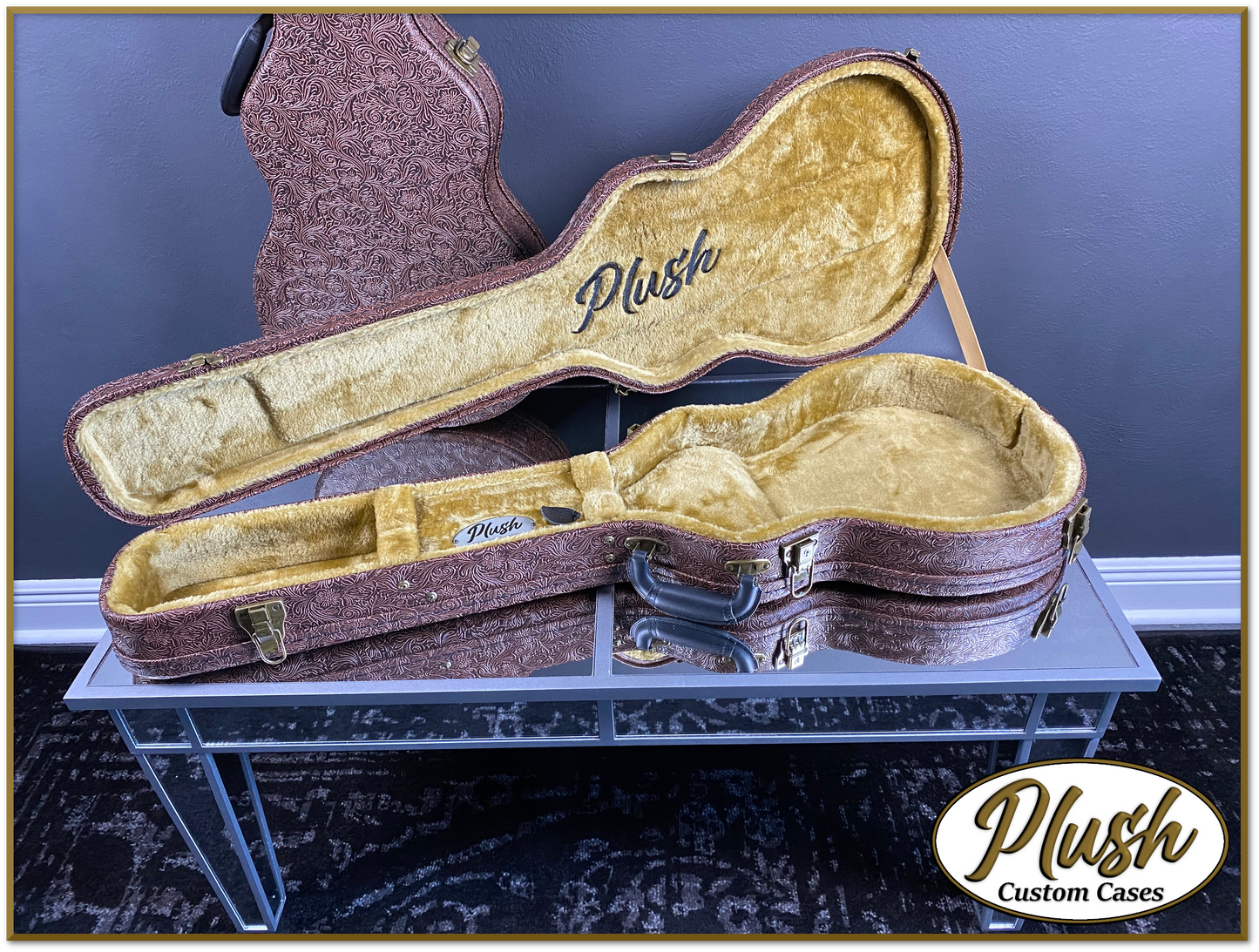 Plush-Paul LP Custom Guitar Case Tooled Leather pattern 5 with Bronze Fur