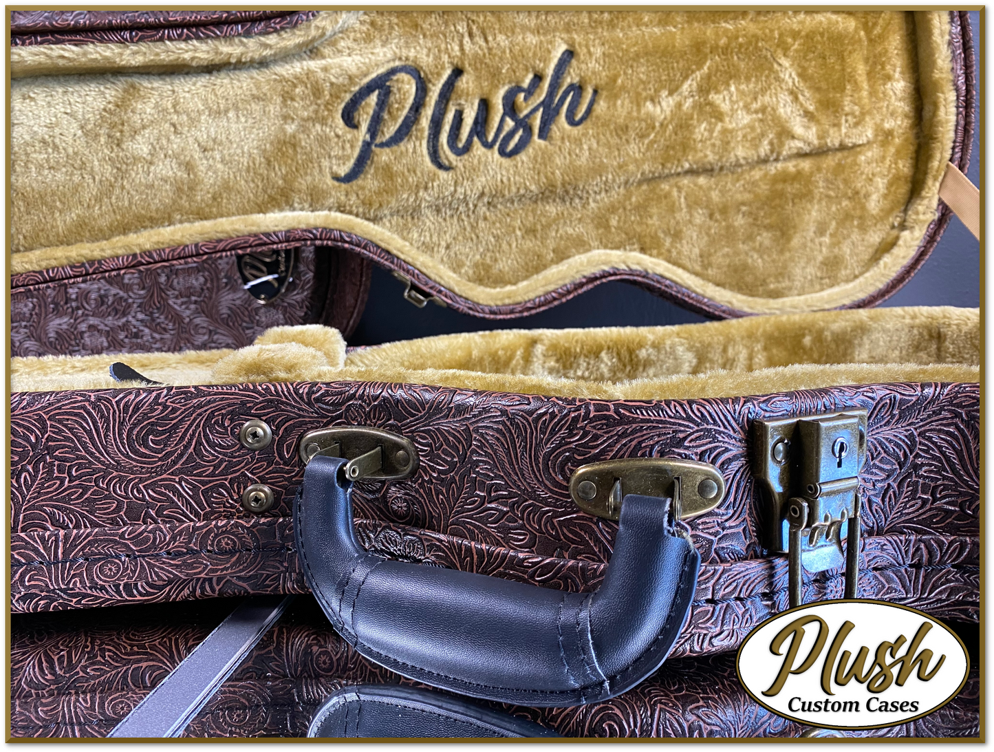 Plush-Paul LP Custom Guitar Case Tooled Leather pattern 5 with Bronze Fur