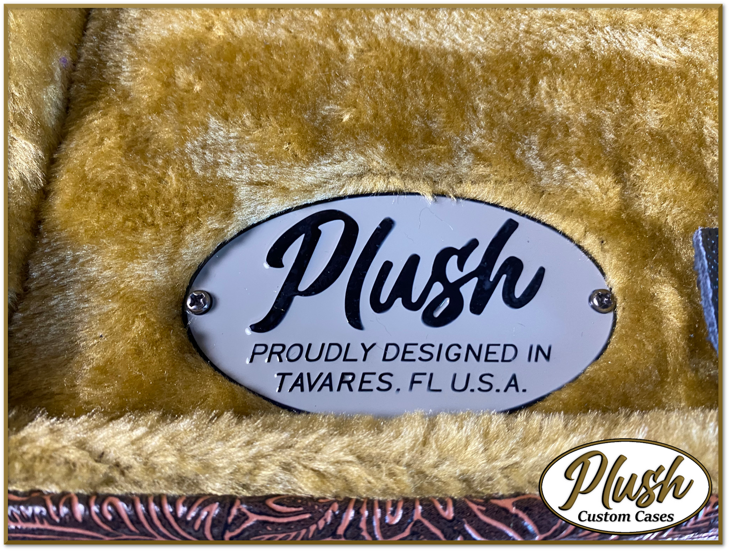 Plush-Paul LP Custom Guitar Case Tooled Leather pattern 5 with Bronze Fur