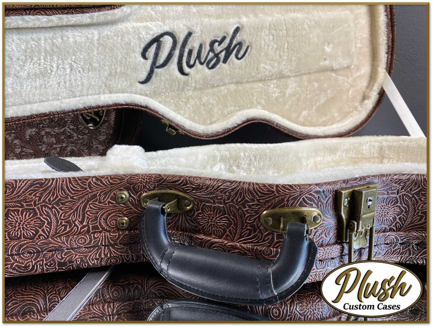 Plush-Paul LP Custom Guitar Case Tooled Leather pattern 5 with Cream Fur