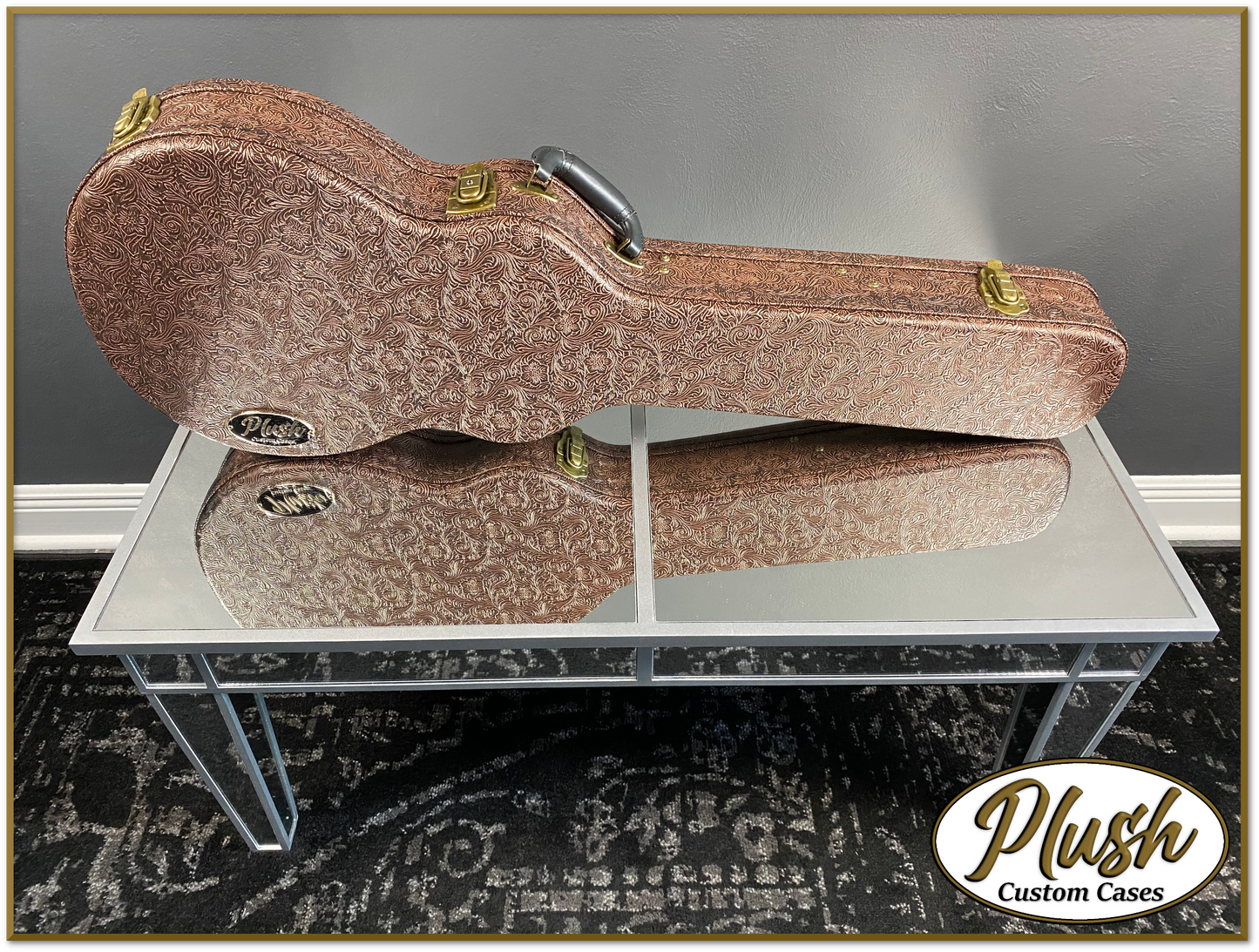 Plush-Paul LP Custom Guitar Case Tooled Leather pattern 5 with Green Fur