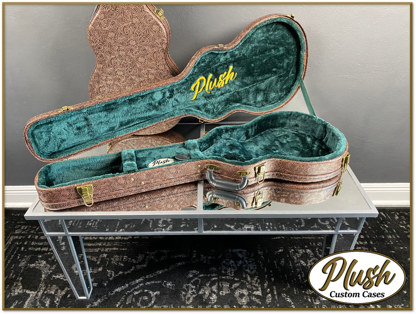 Plush-Paul LP Custom Guitar Case Tooled Leather pattern 5 with Green Fur