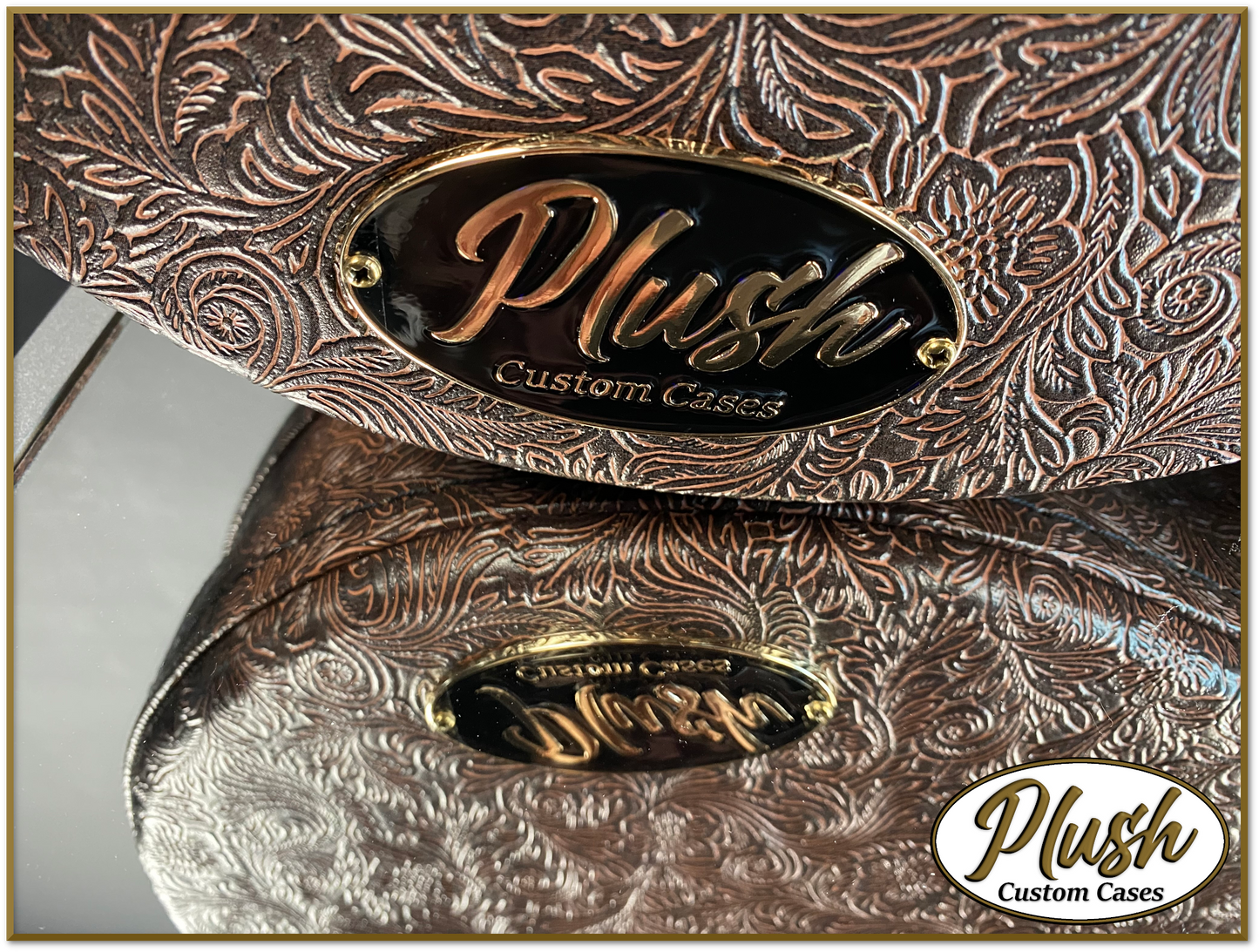 Plush-Paul LP Custom Guitar Case Tooled Leather pattern 5 with Bronze Fur