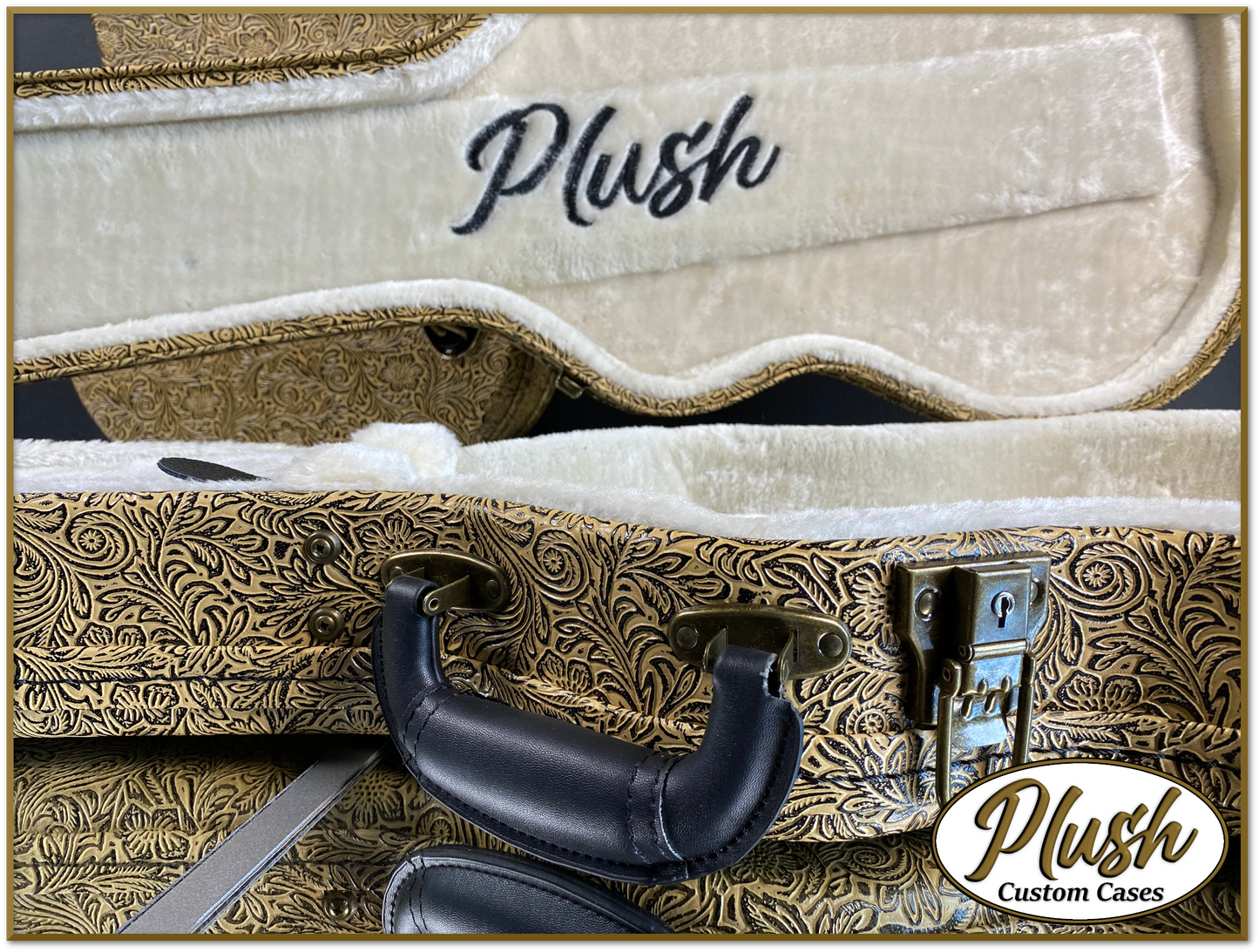 Plush-Paul LP Custom Guitar Case Tooled Leather pattern 7 with Cream Fur