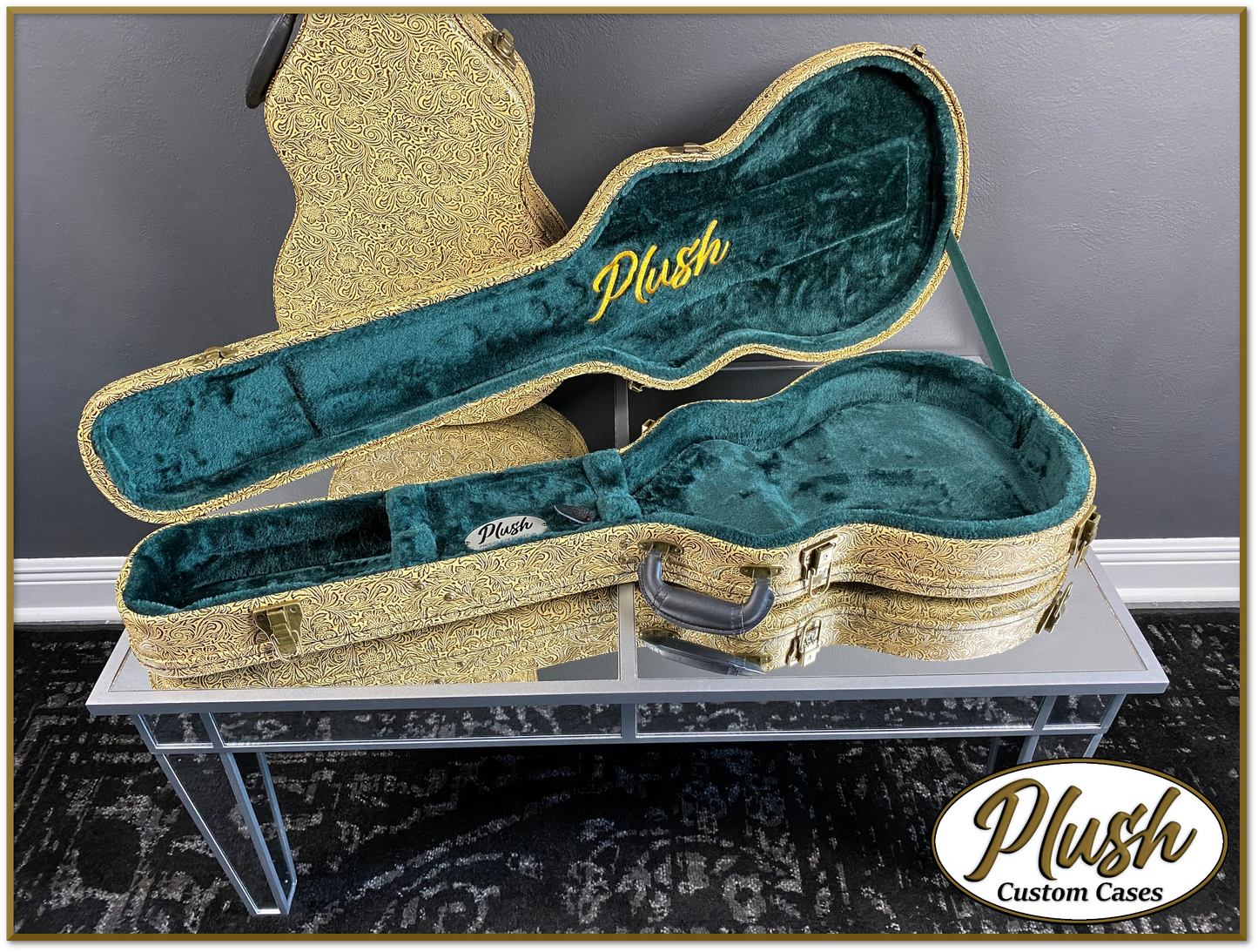 Plush-Paul LP Custom Guitar Case Tooled Leather pattern 7 with Green Fur