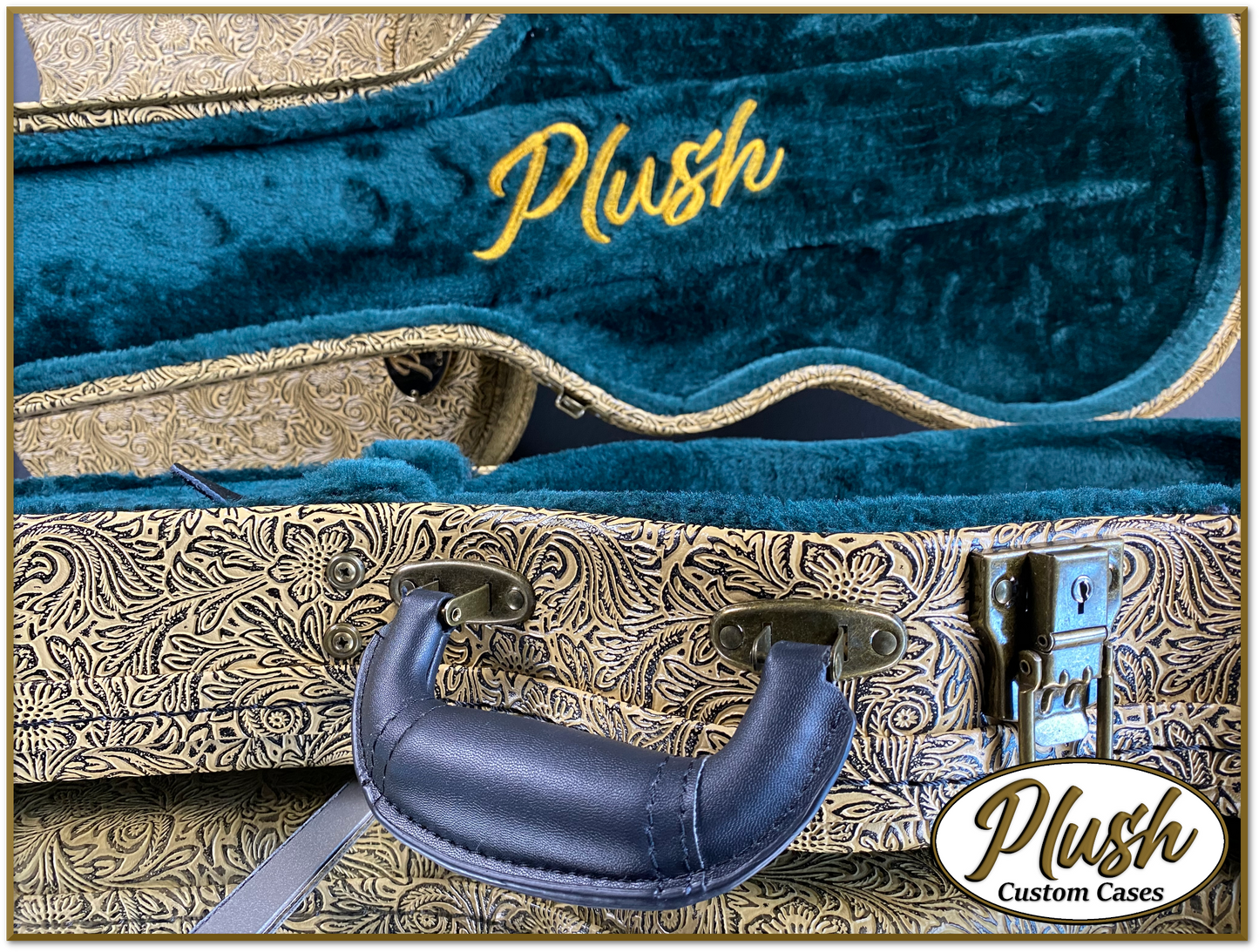 Plush-Paul LP Custom Guitar Case Tooled Leather pattern 7 with Green Fur